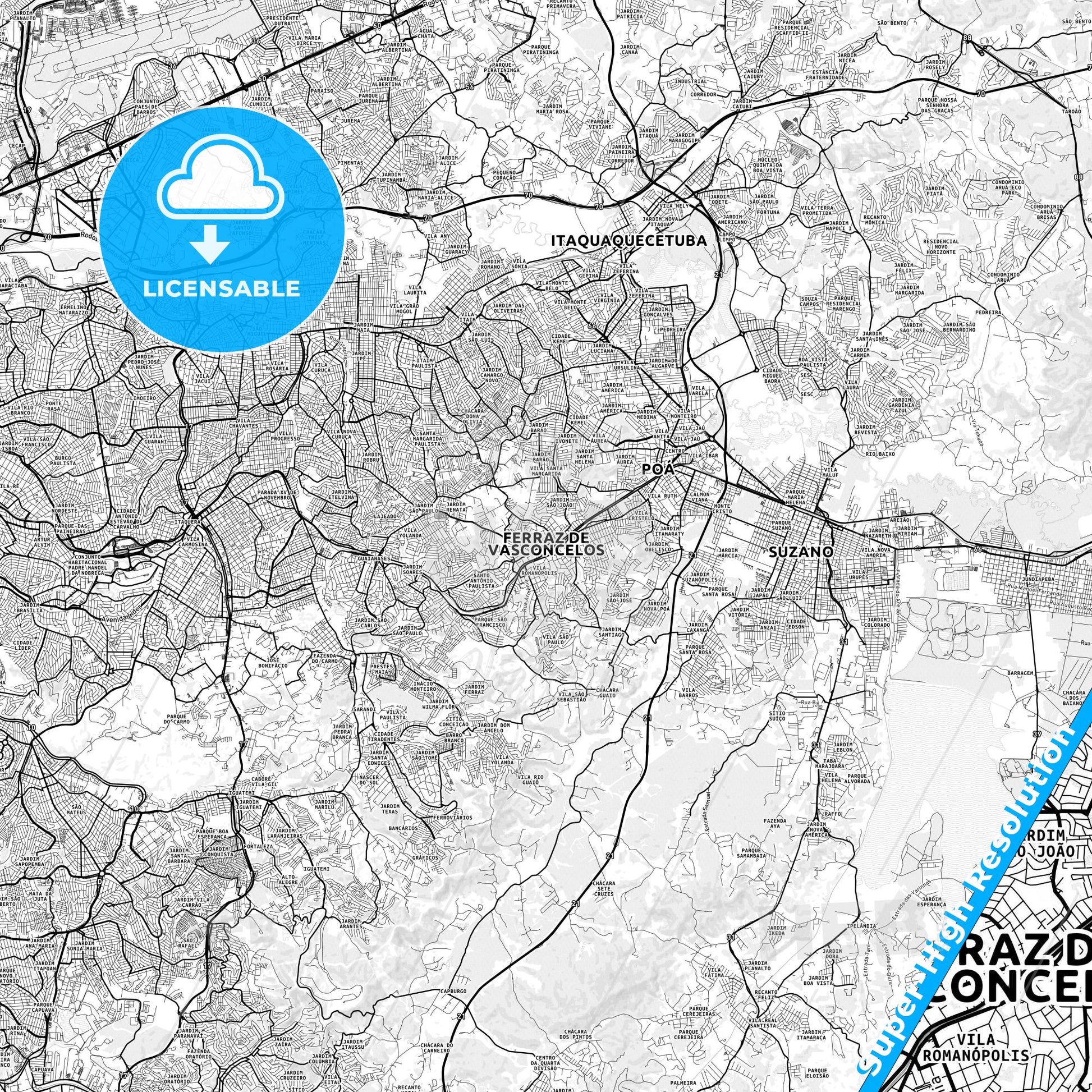 Ferraz de Vasconcelos, Brazil light map with streetnames, citynames and districts
