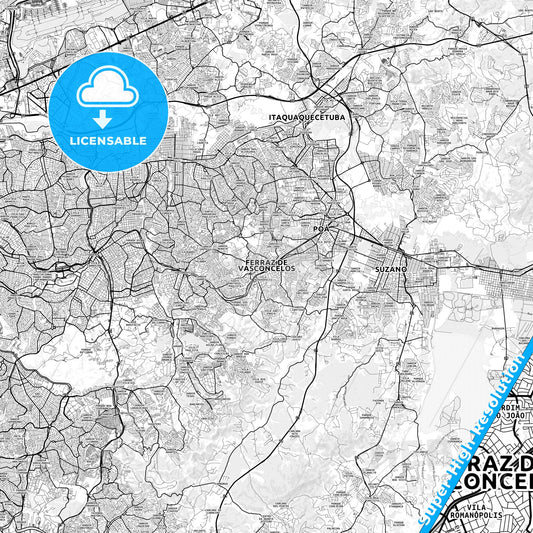 Ferraz de Vasconcelos, Brazil light map with streetnames, citynames and districts