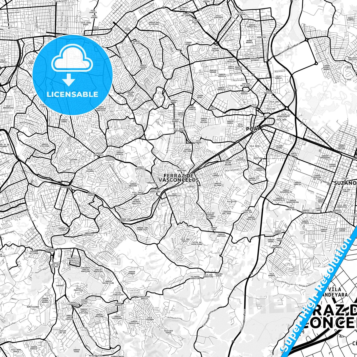 Ferraz de Vasconcelos, Brazil Light Map with Street Names, City Names, and Districts