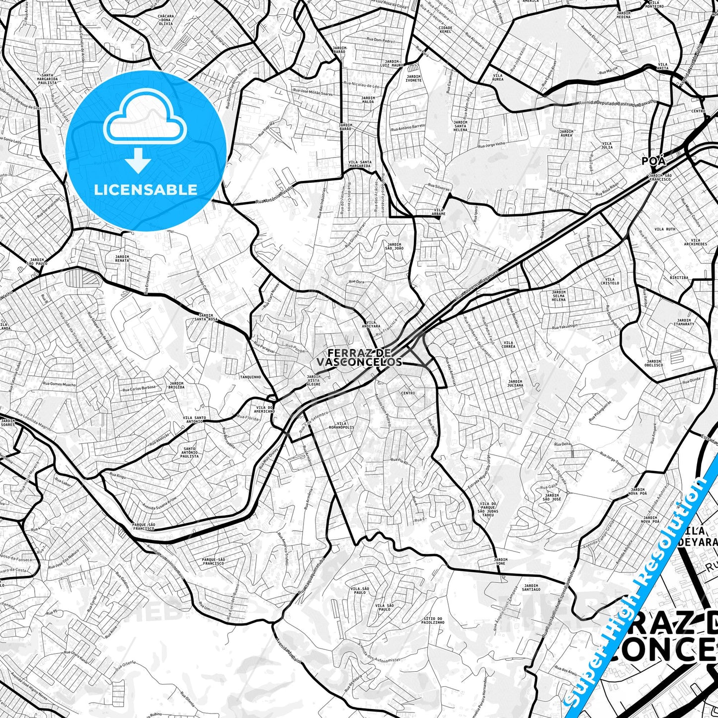 Ferraz de Vasconcelos, Brazil Light Map with Street Names, City Names, and Districts