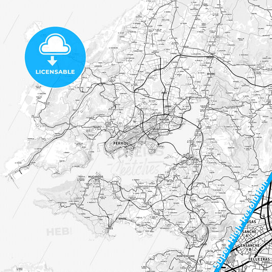 Ferrol, Spain light map with streetnames, citynames and districts