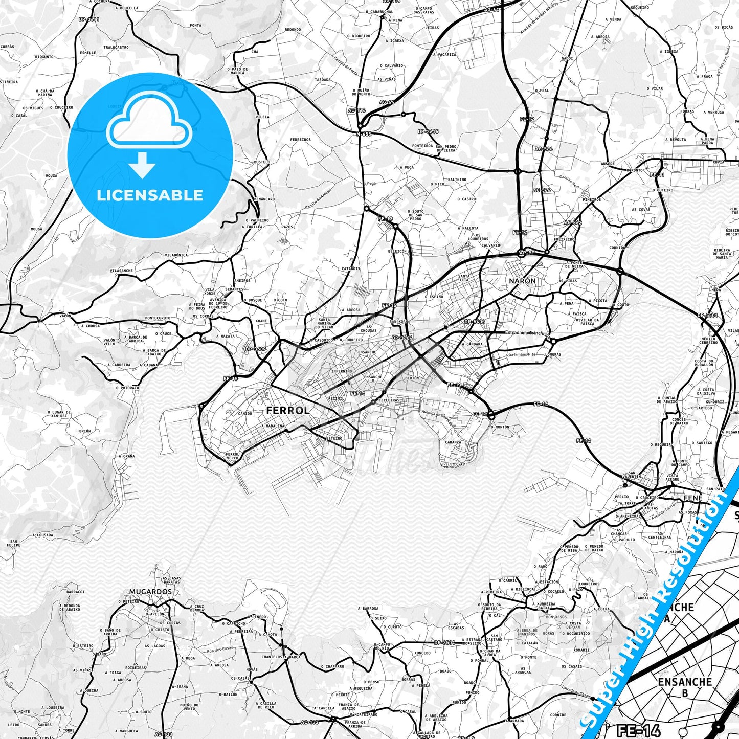 Ferrol, Spain Light Map with Street Names, City Names, and Districts