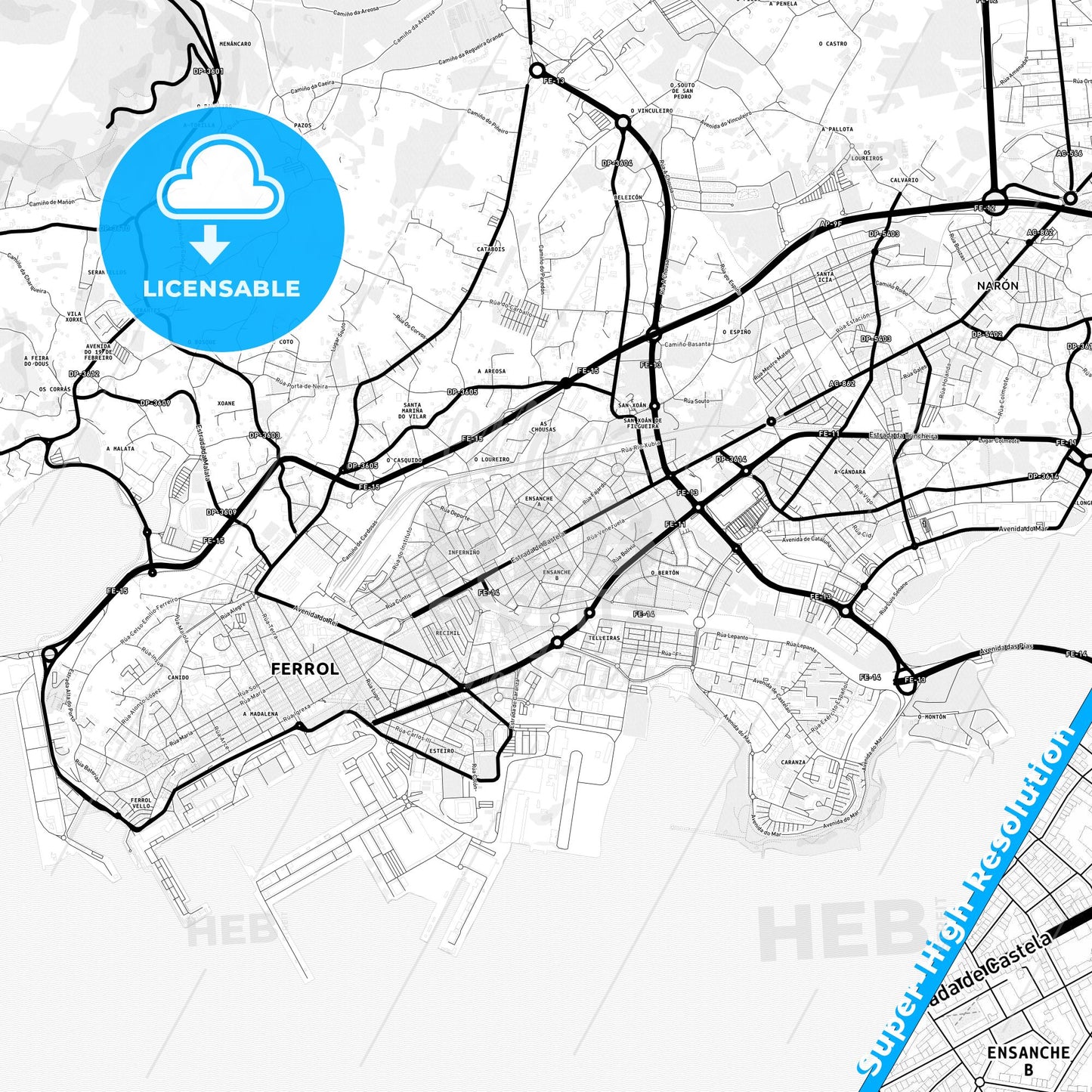 Ferrol, Spain Light Map with Street Names, City Names, and Districts