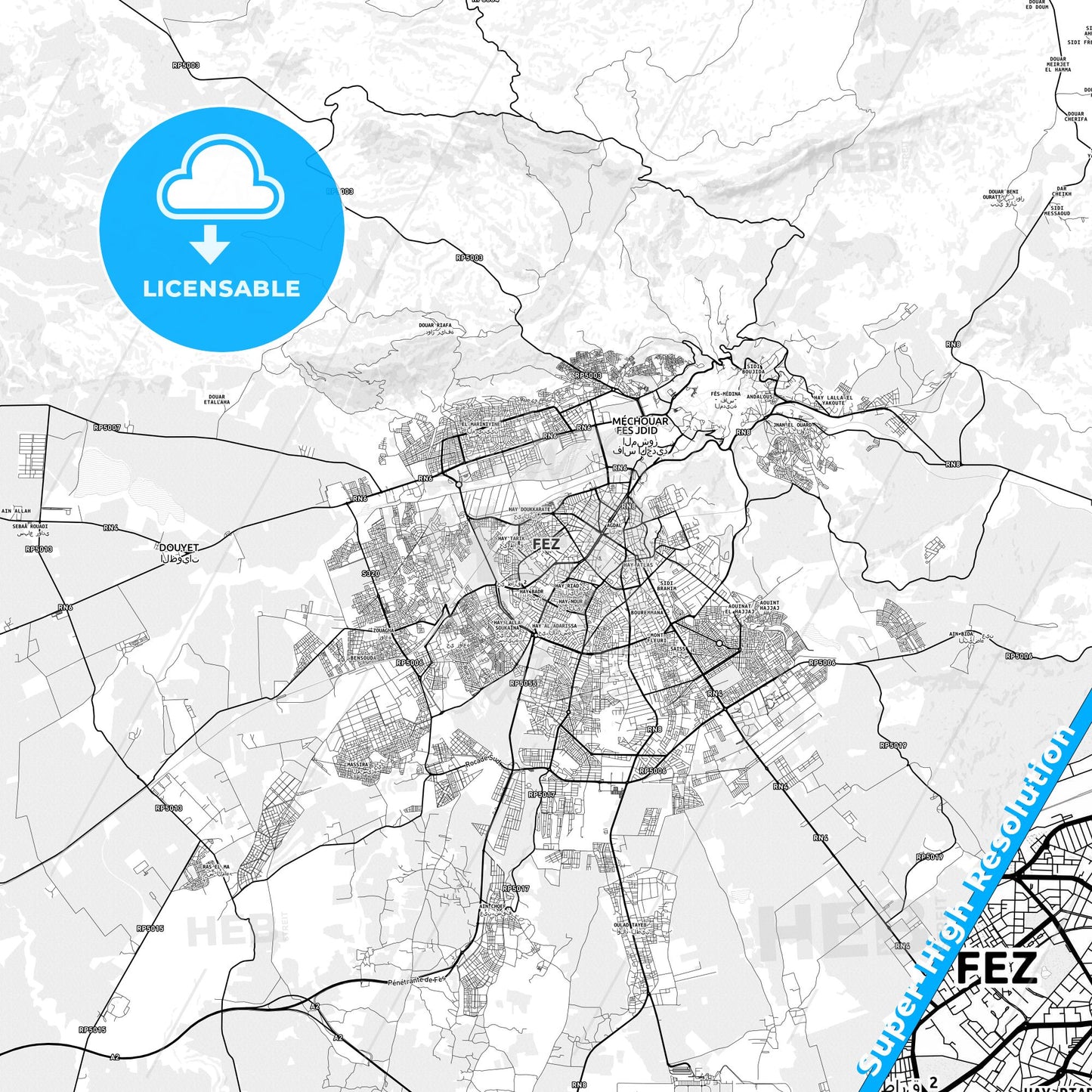 Fes, Morocco light map with streetnames, citynames and districts