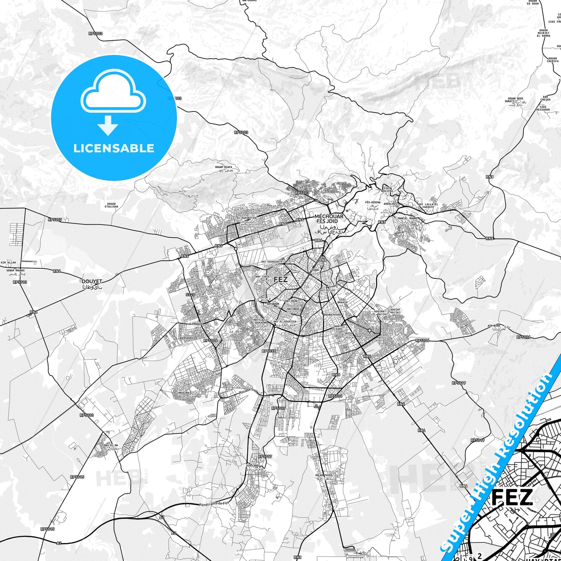 Fes, Morocco light map with streetnames, citynames and districts