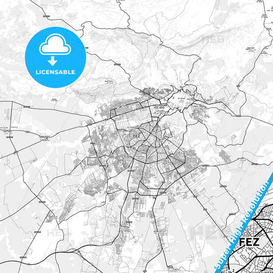 Fes, Morocco light map with streetnames, citynames and districts