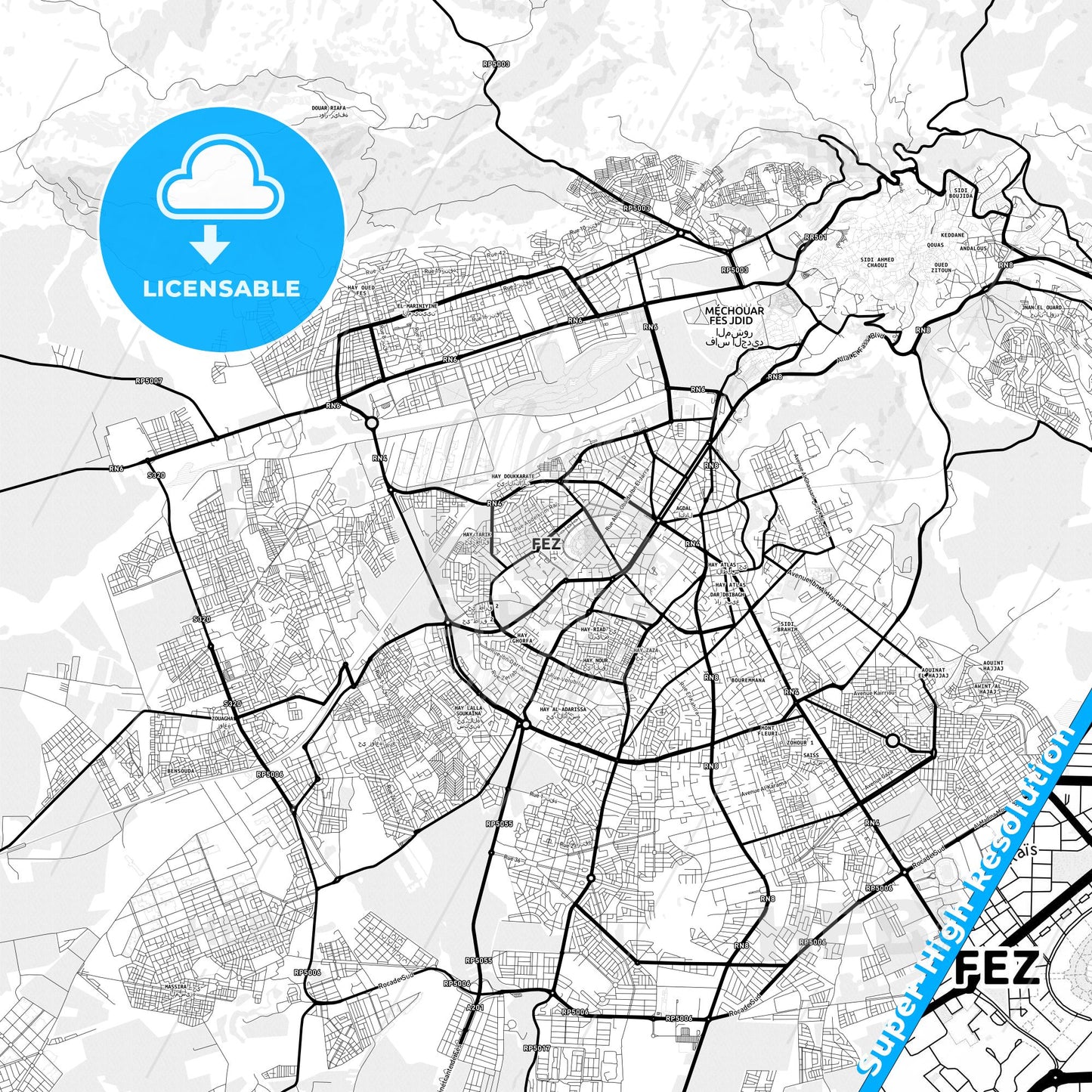 Fes, Morocco Light Map with Street Names, City Names, and Districts
