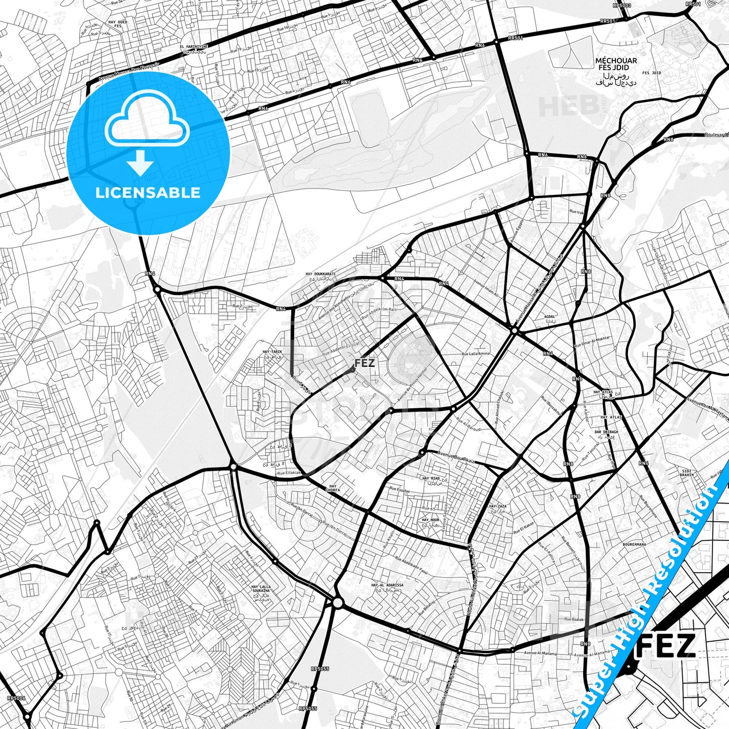 Fes, Morocco Light Map with Street Names, City Names, and Districts