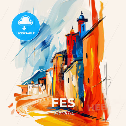 Vibrant Fes, Morocco - A Painting Of A Street With Buildings - Square format print template