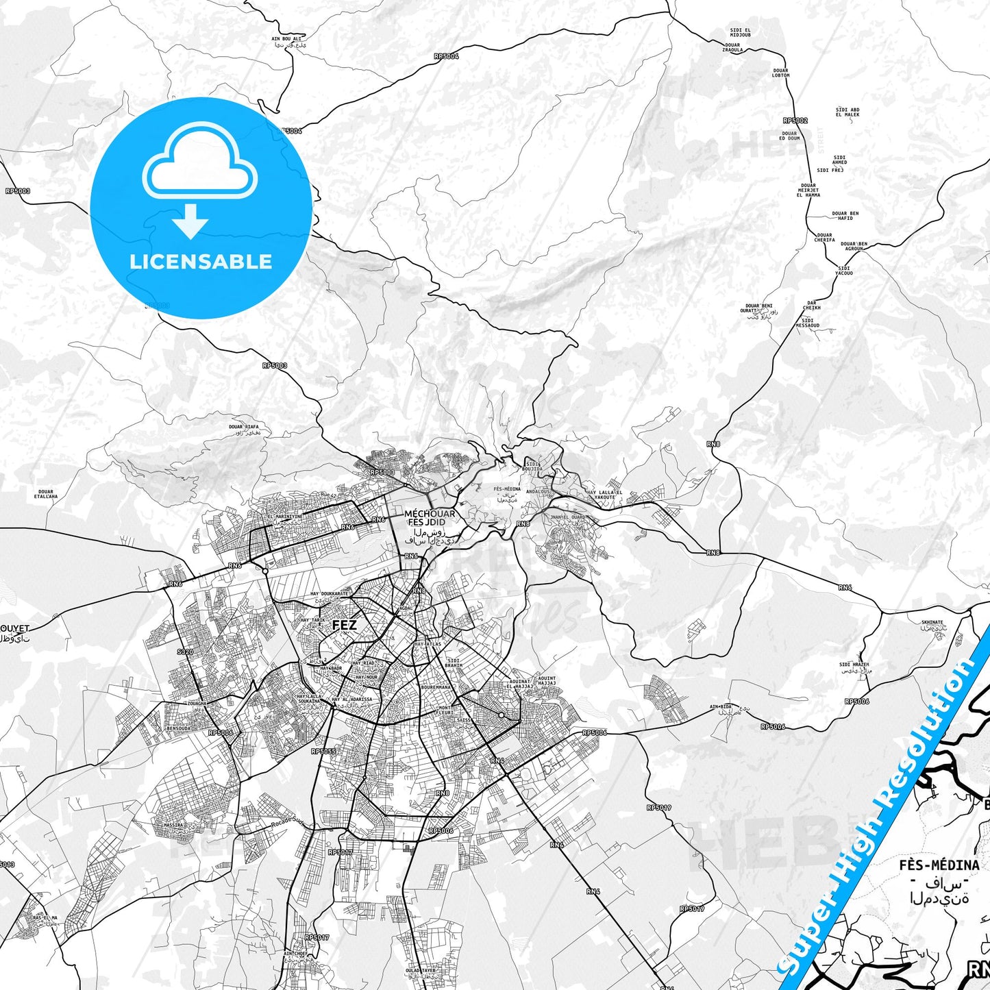 Fes al Bali, Morocco light map with streetnames, citynames and districts