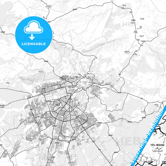Fes al Bali, Morocco light map with streetnames, citynames and districts