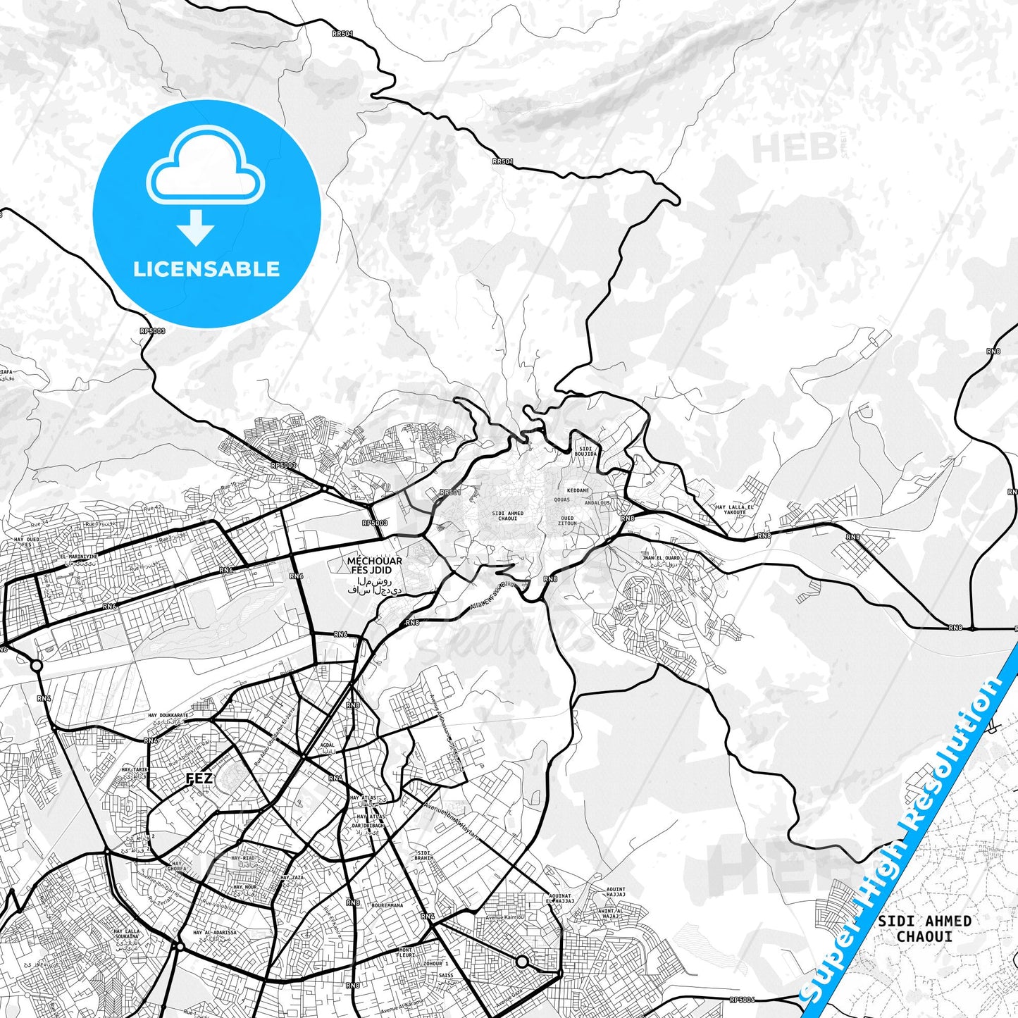Fes al Bali, Morocco Light Map with Street Names, City Names, and Districts