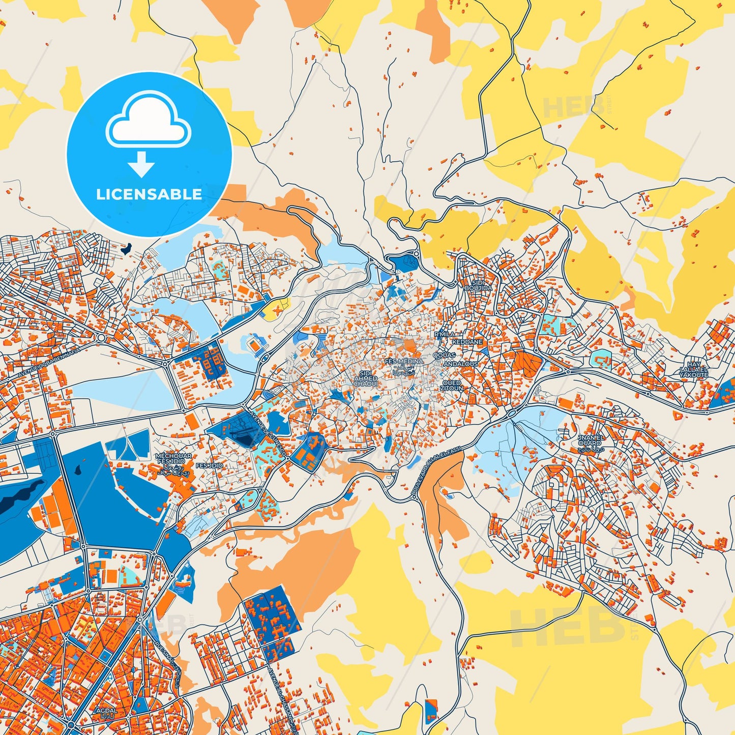 Colorful Fes al Bali Street Map with Labels and Buildings