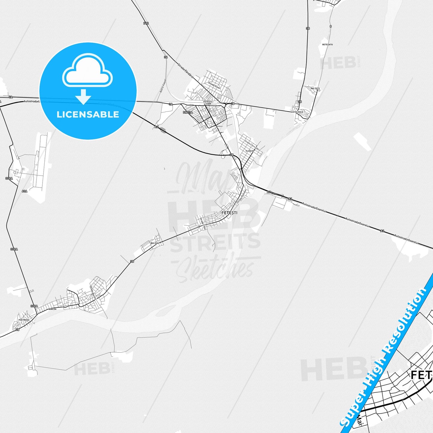 Fetești, Romania light map with streetnames, citynames and districts