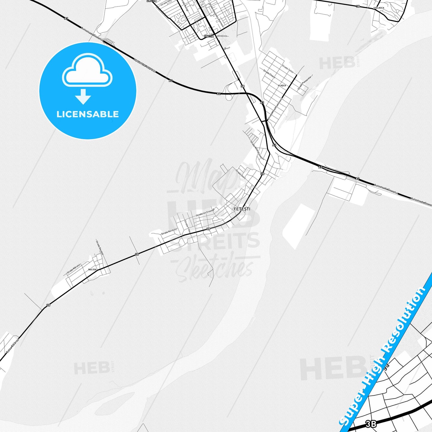 Fetești, Romania Light Map with Street Names, City Names, and Districts
