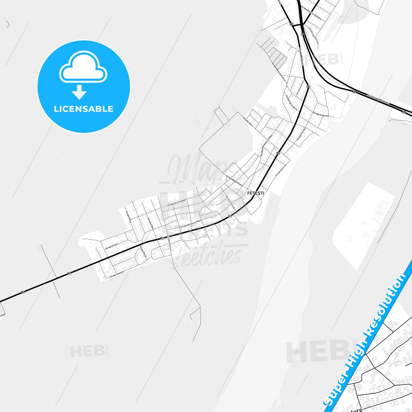 Fetești, Romania Light Map with Street Names, City Names, and Districts