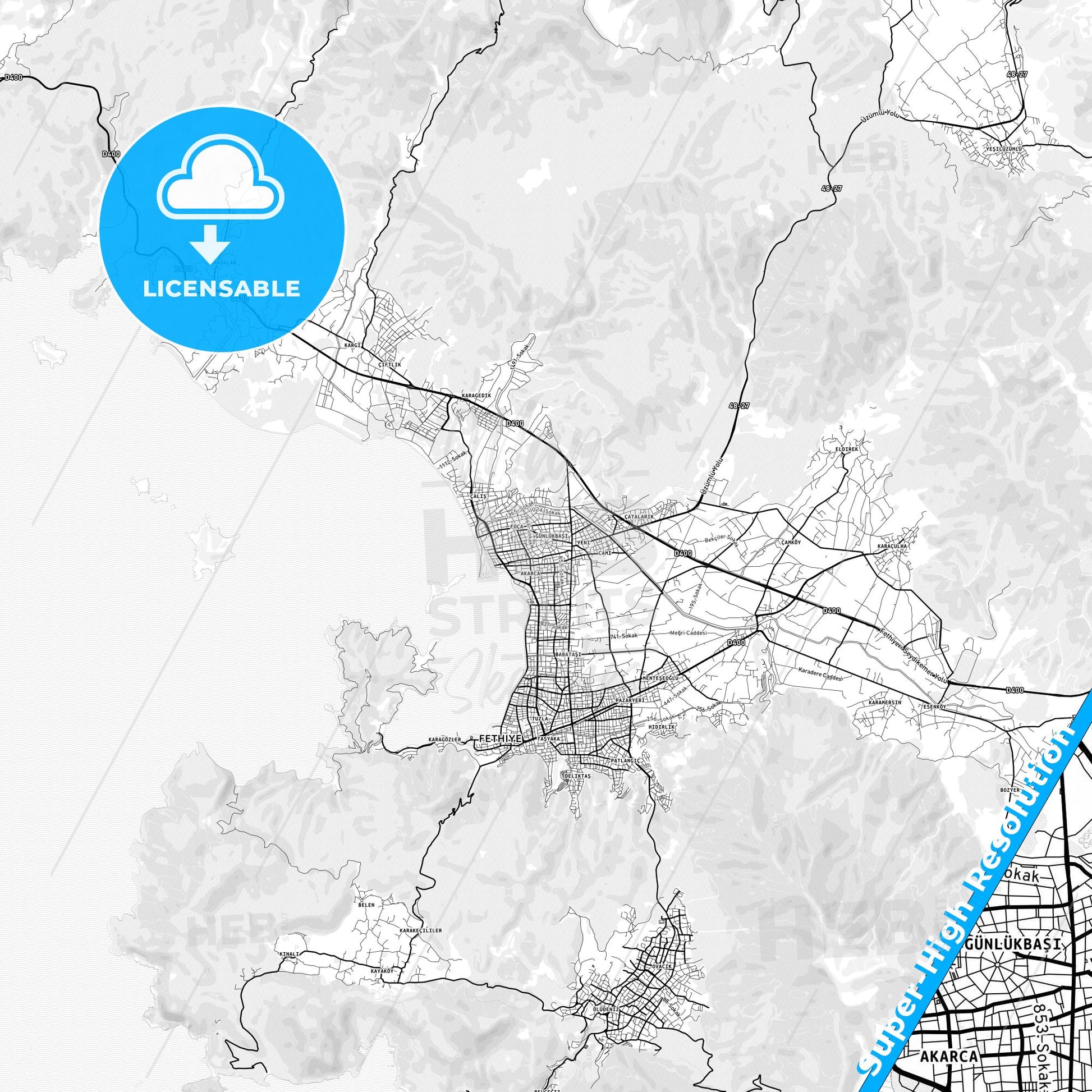 Fethiye, Turkey light map with streetnames, citynames and districts