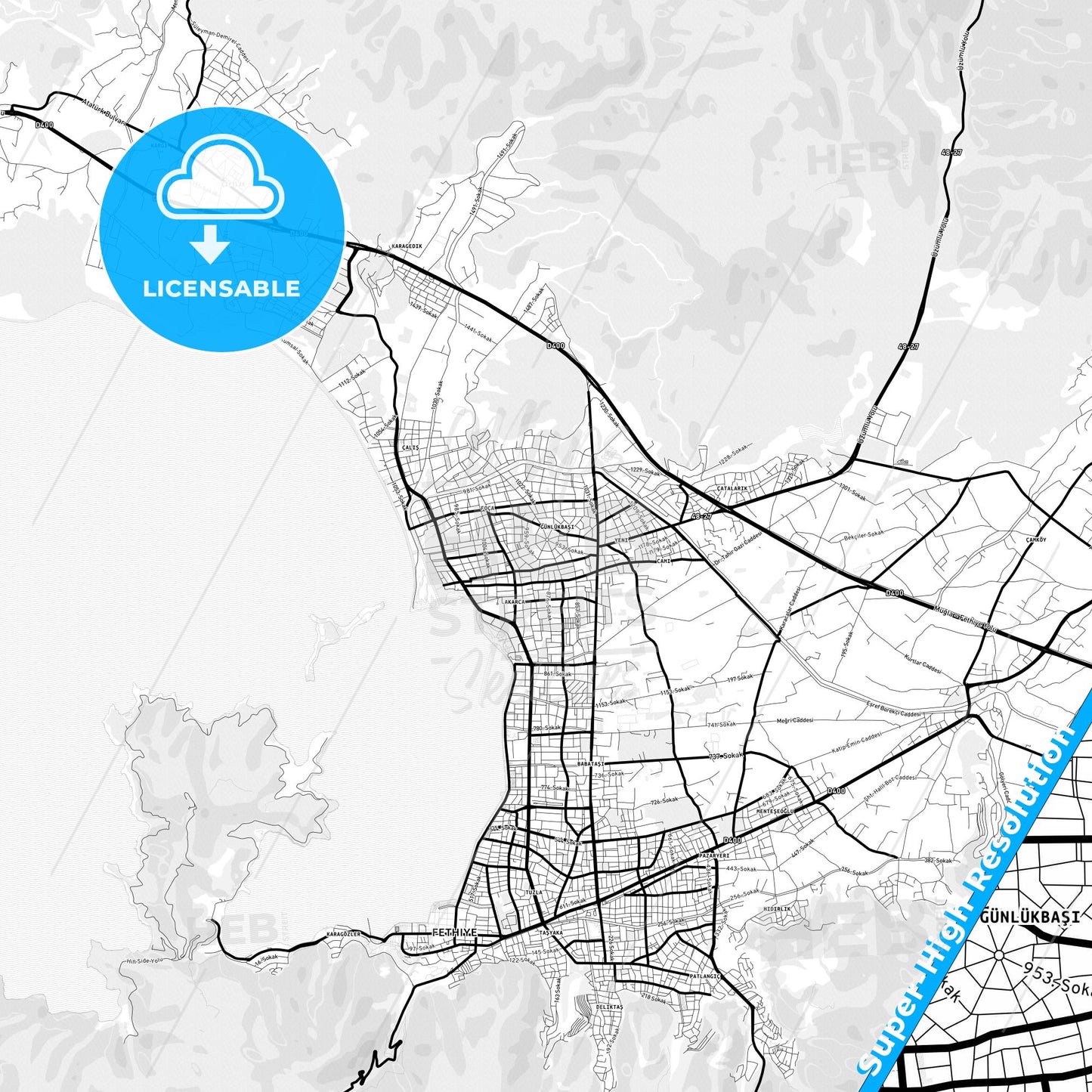 Fethiye, Turkey Light Map with Street Names, City Names, and Districts