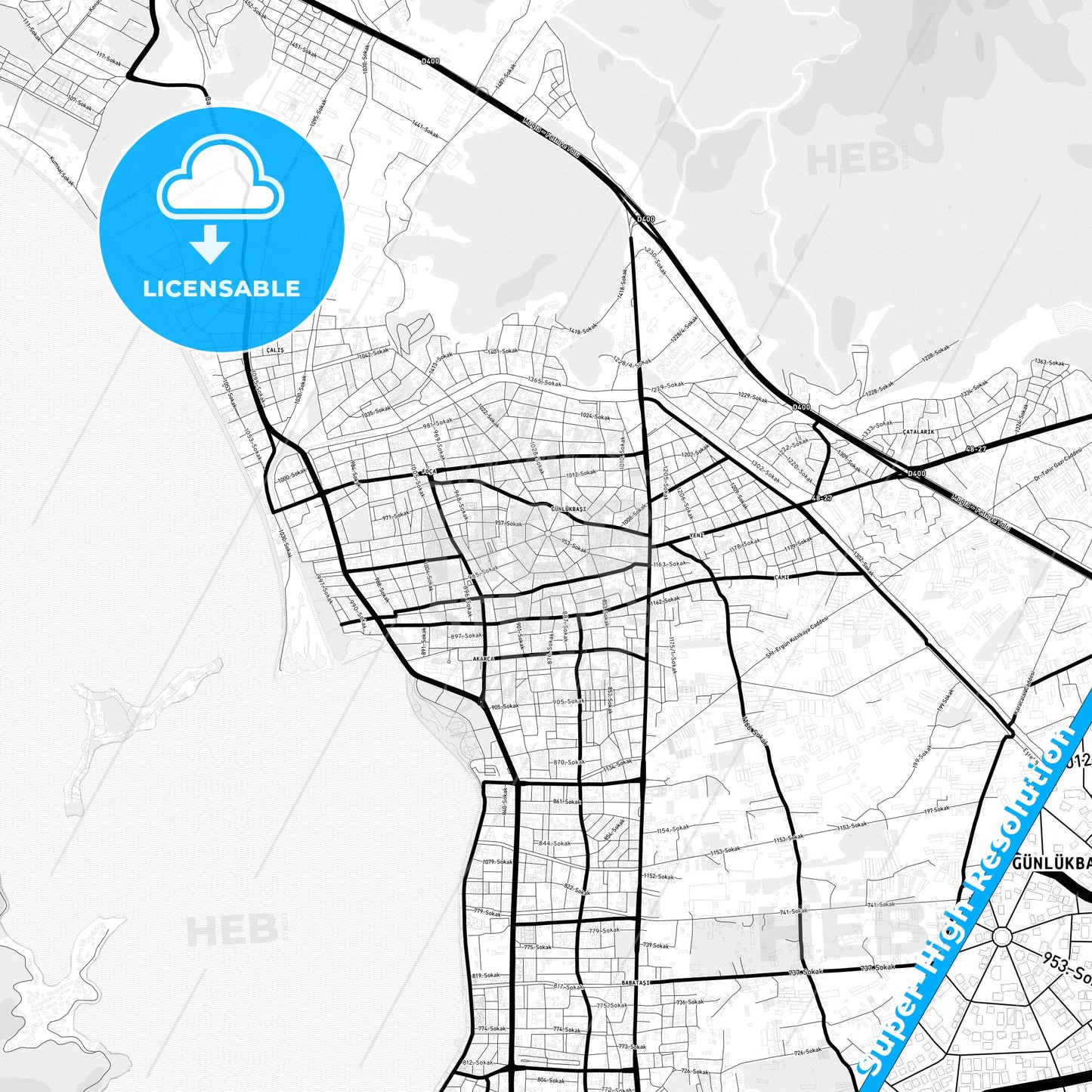 Fethiye, Turkey Light Map with Street Names, City Names, and Districts