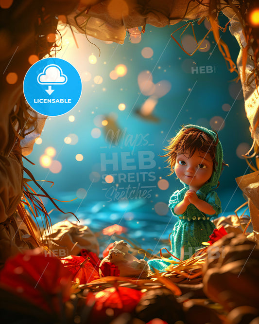 fetus outline illustration, beige paper background  - A doll in a nest