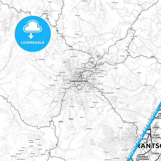 Fianarantsoa, Madagascar light map with streetnames, citynames and districts