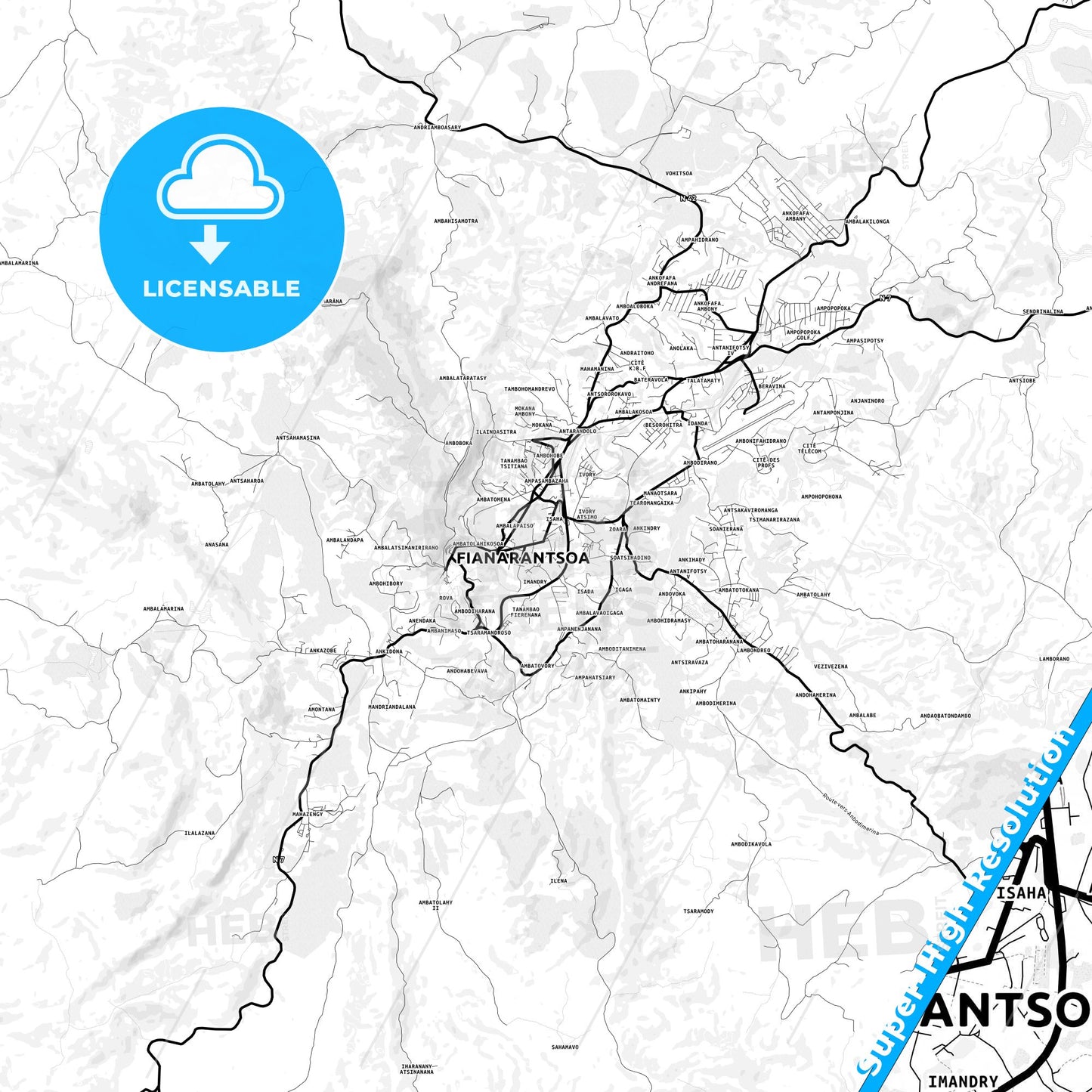 Fianarantsoa, Madagascar Light Map with Street Names, City Names, and Districts