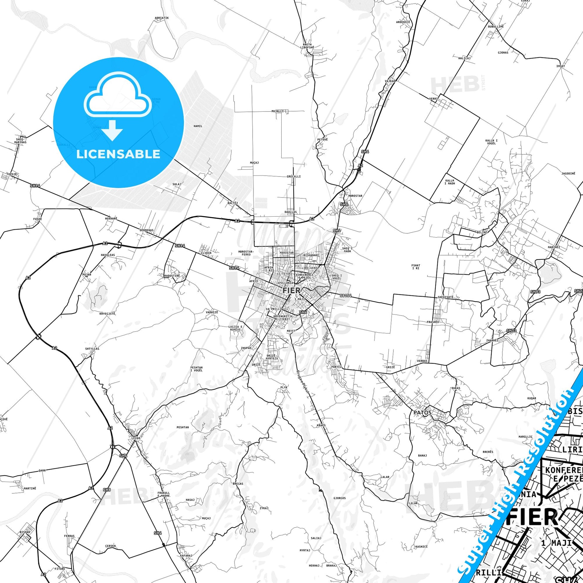 Fier, Albania light map with streetnames, citynames and districts