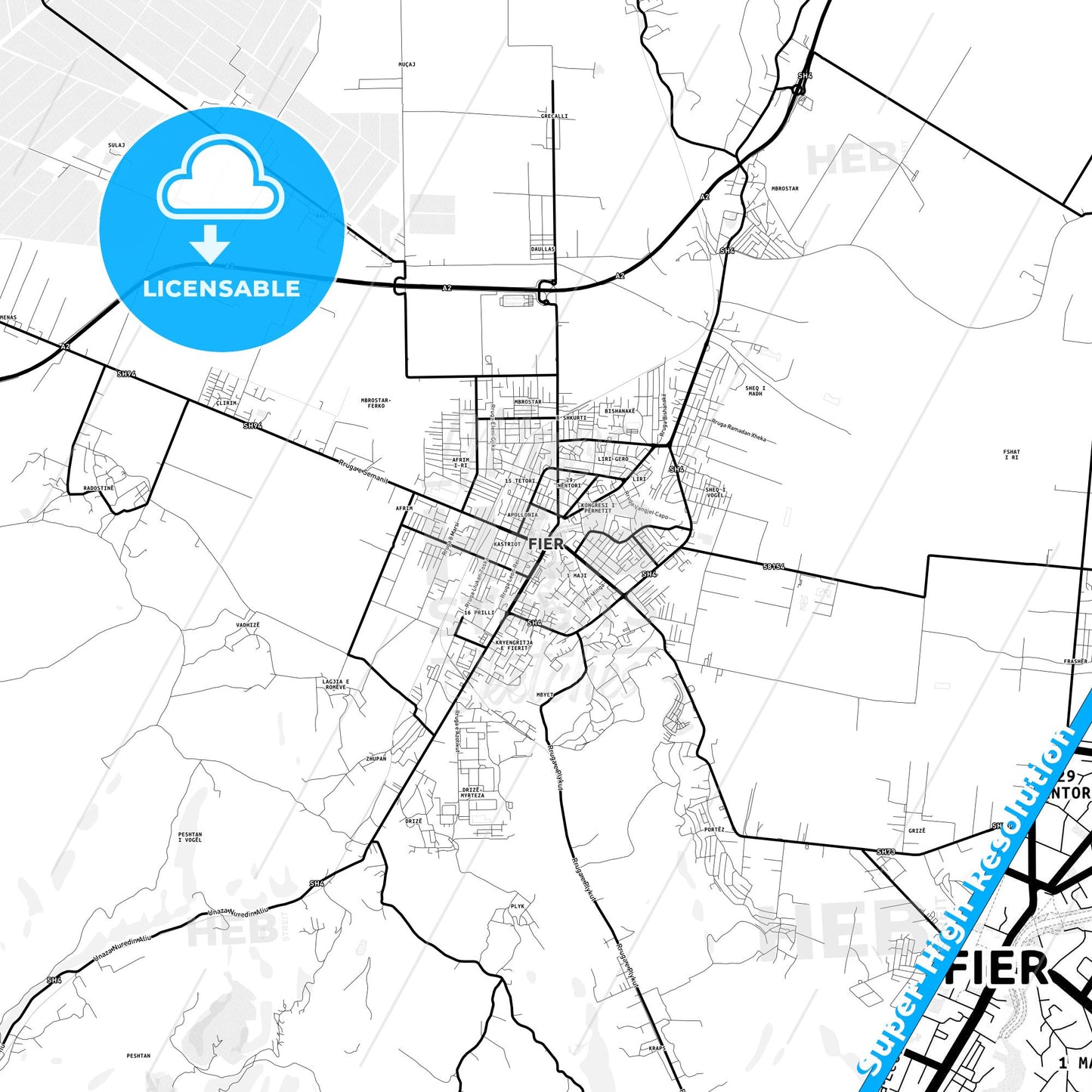 Fier, Albania Light Map with Street Names, City Names, and Districts