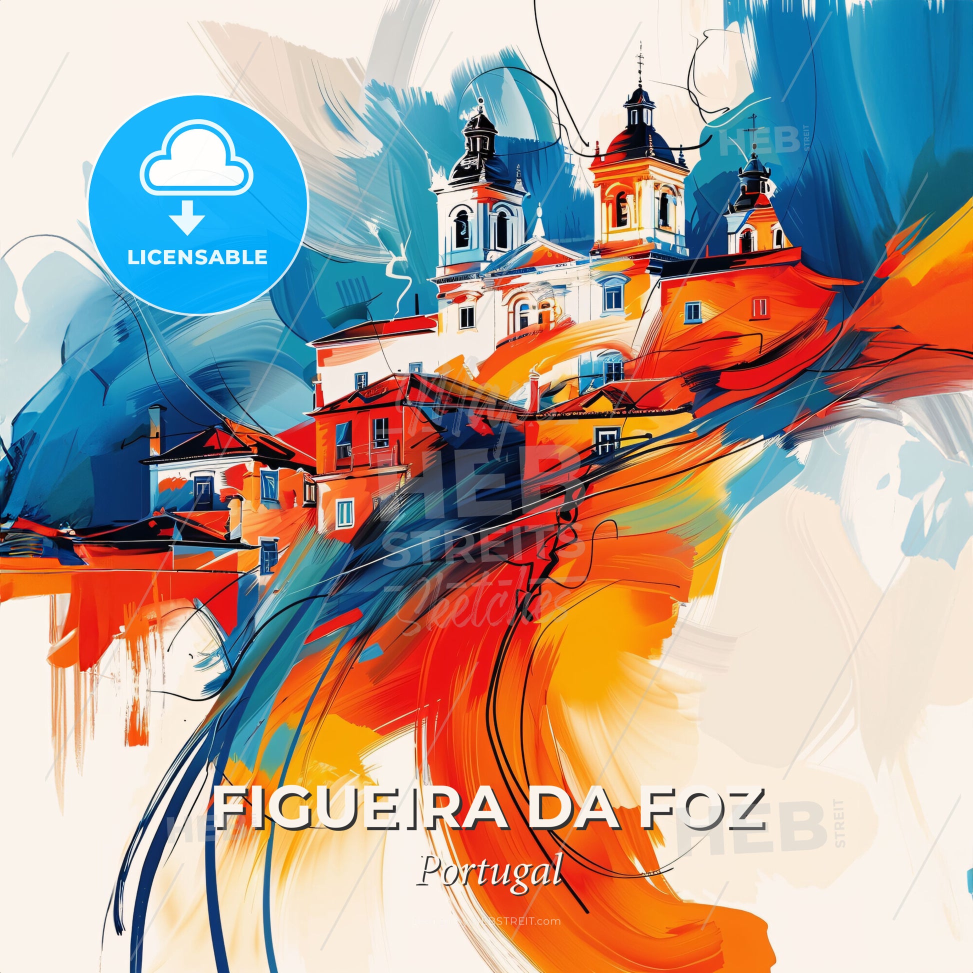 Vibrant Figueira Da Foz, Portugal - A Painting Of A Building With A Colorful Background - Square format print template