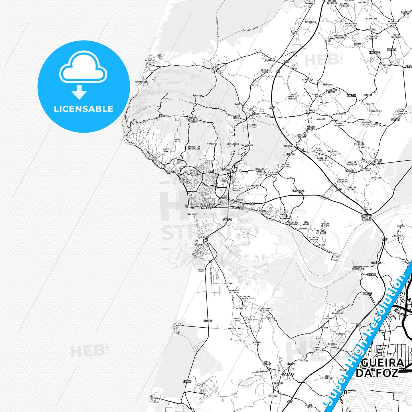 Figueira da Foz, Portugal light map with streetnames, citynames and districts