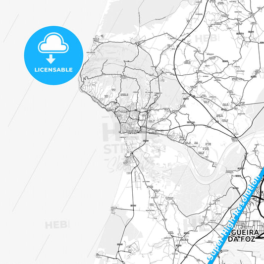 Figueira da Foz, Portugal light map with streetnames, citynames and districts