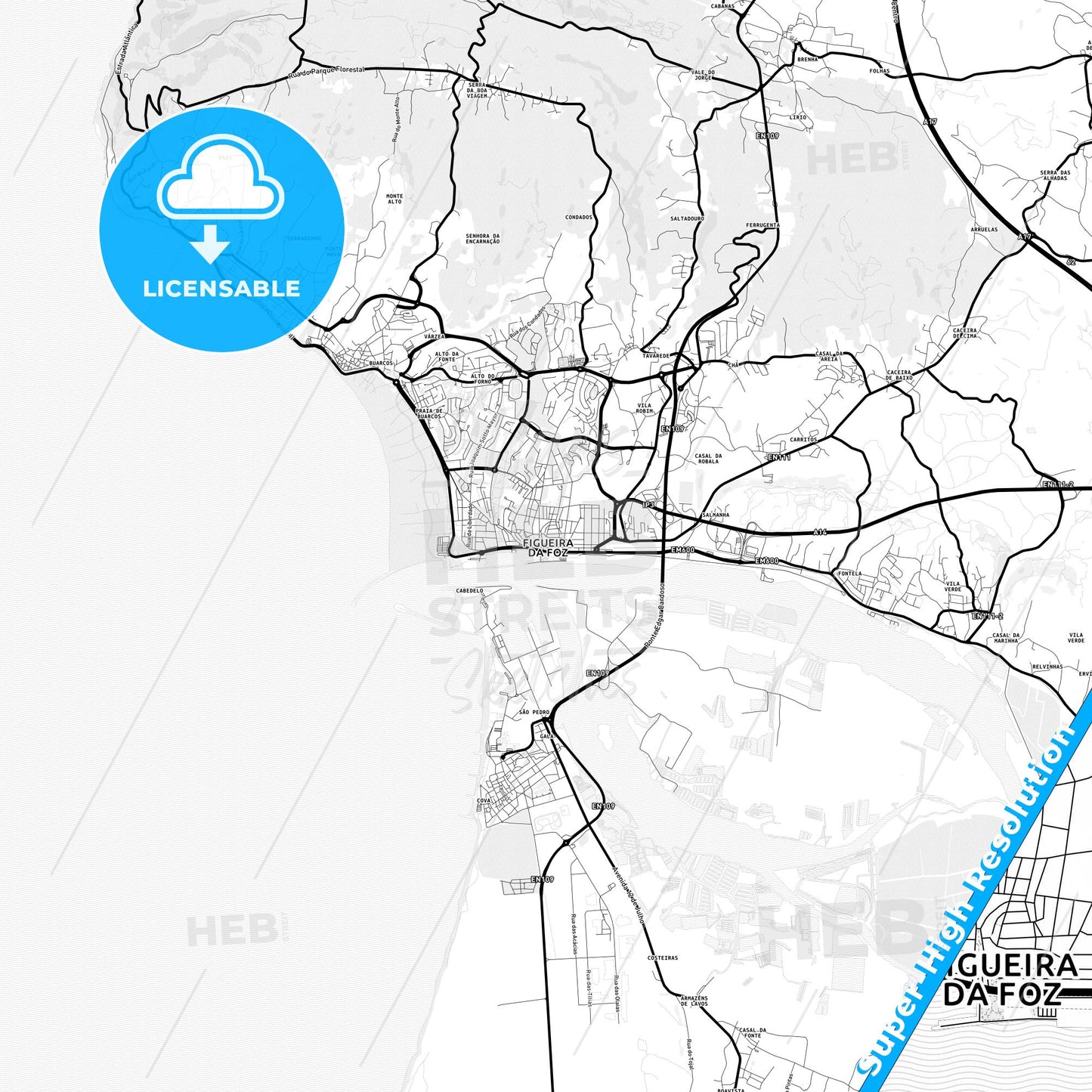 Figueira da Foz, Portugal Light Map with Street Names, City Names, and Districts