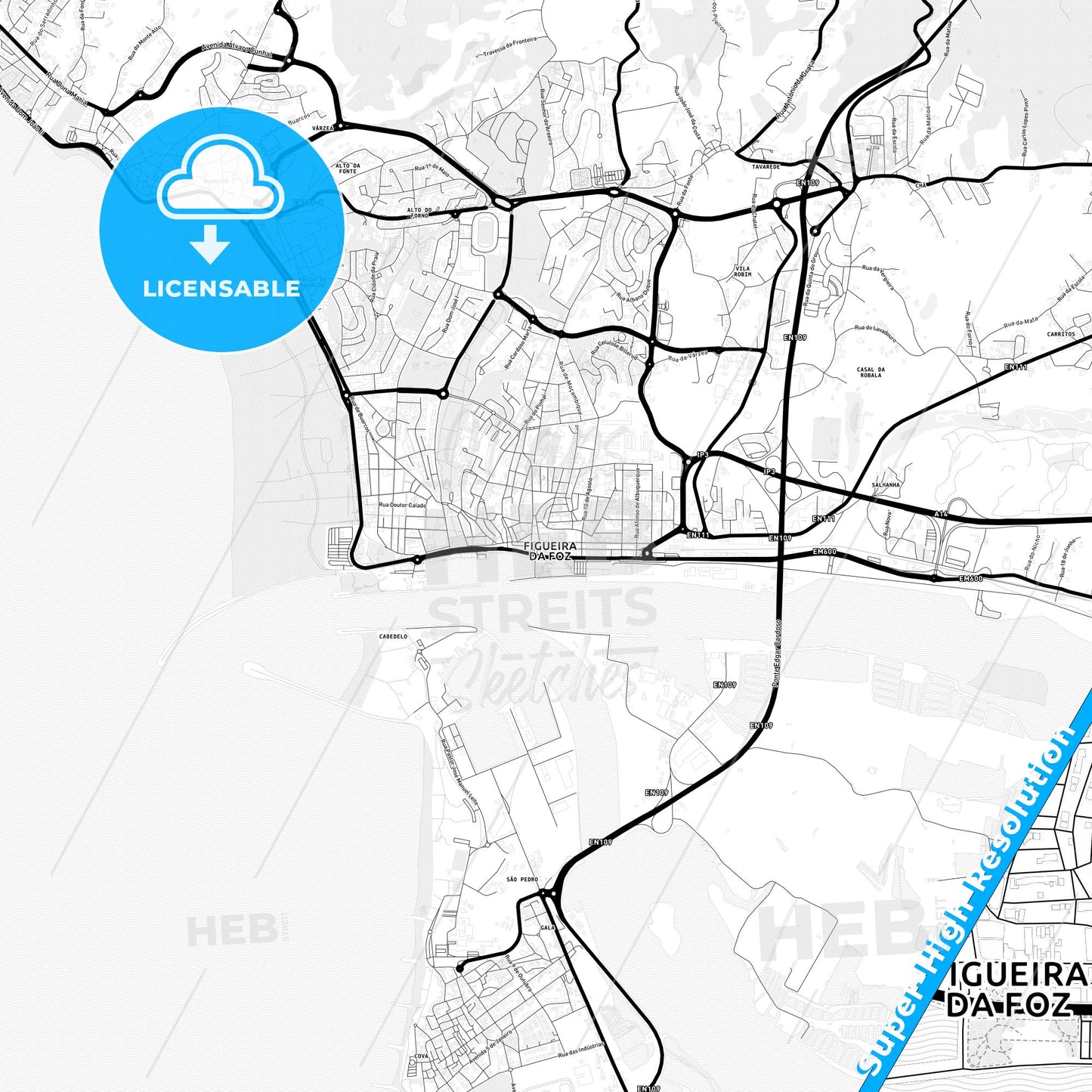 Figueira da Foz, Portugal Light Map with Street Names, City Names, and Districts