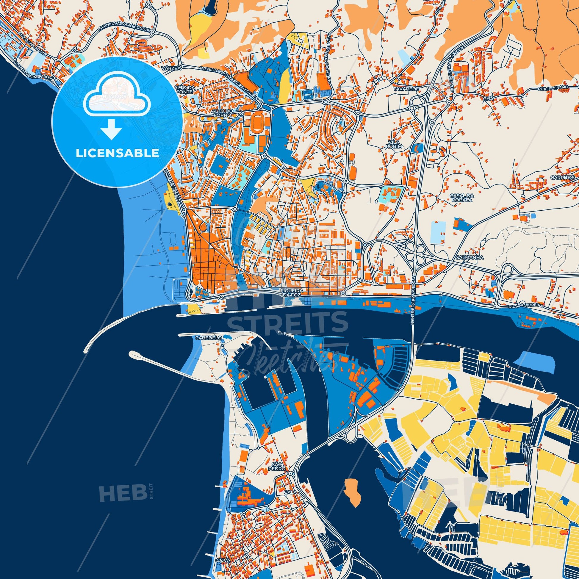 Colorful Figueira da Foz Street Map with Labels and Buildings