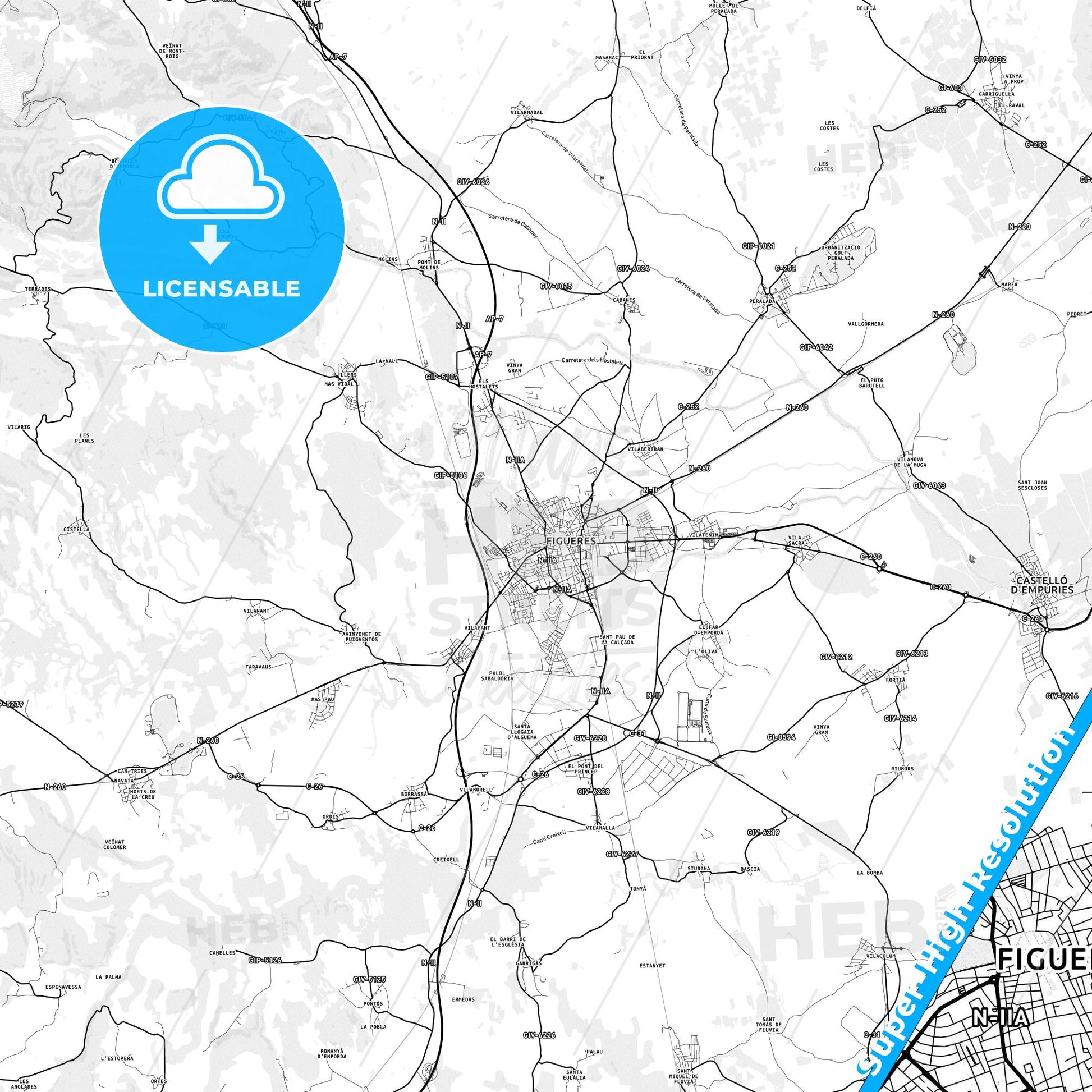 Figueres, Spain light map with streetnames, citynames and districts