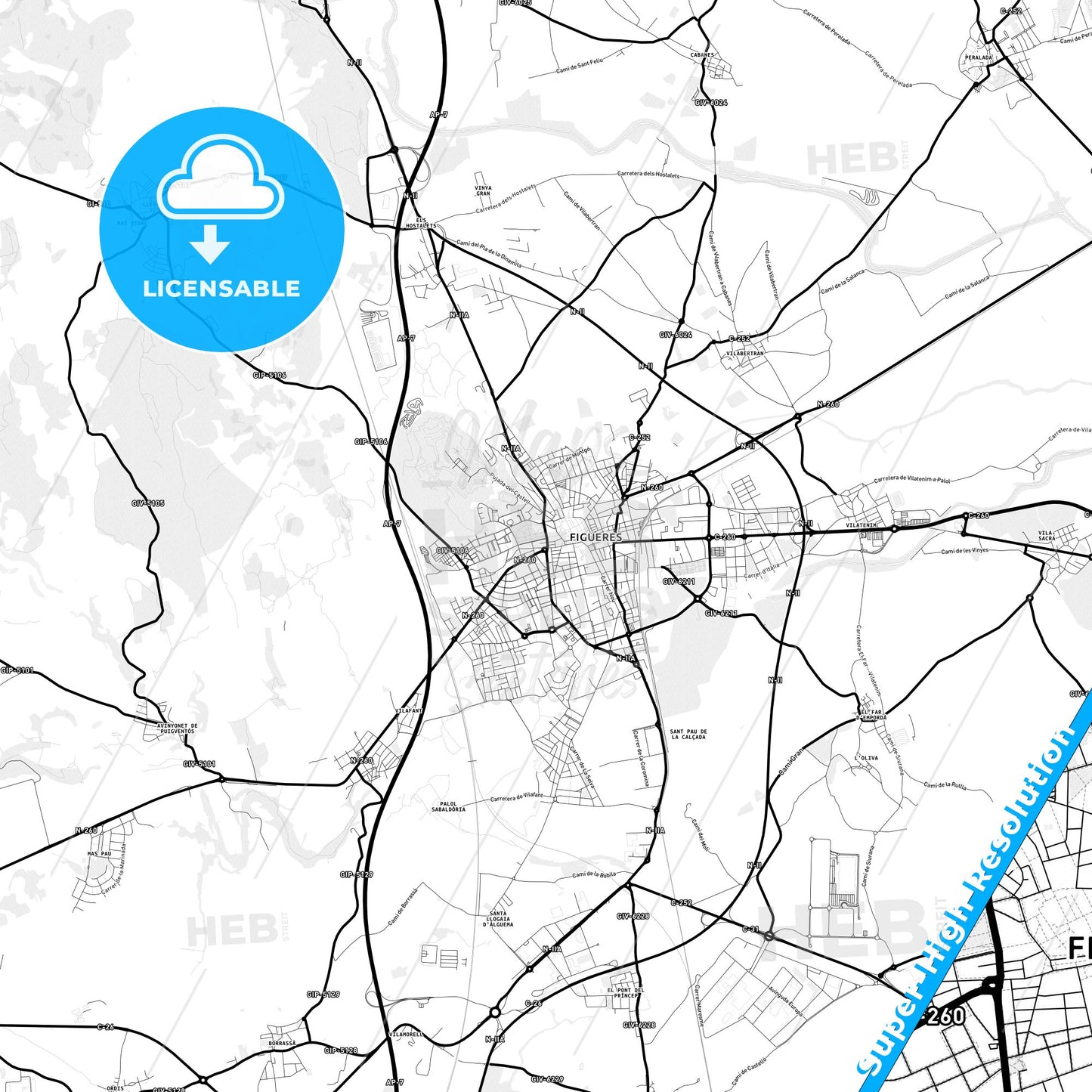 Figueres, Spain Light Map with Street Names, City Names, and Districts