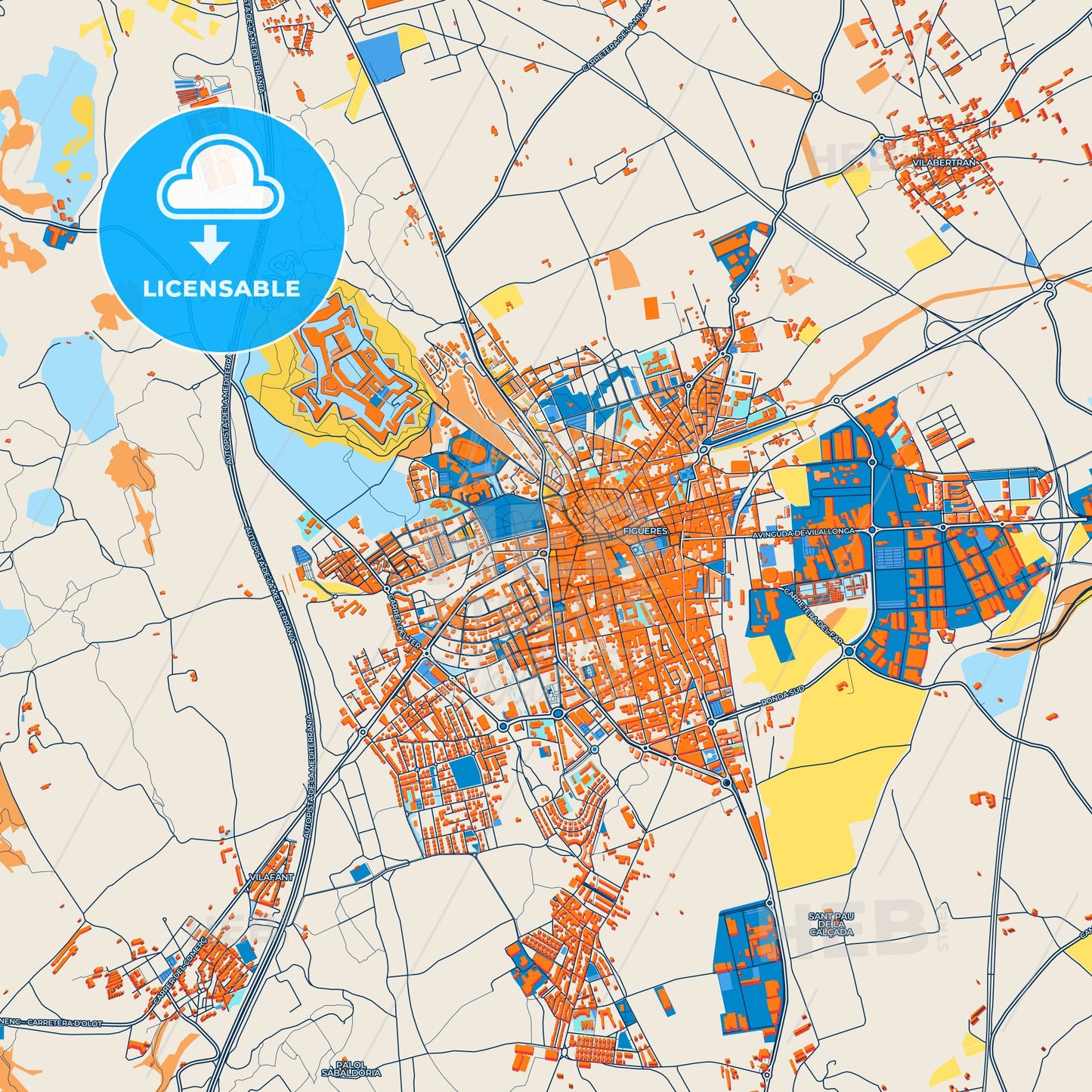 Colorful Figueres Street Map with Labels and Buildings