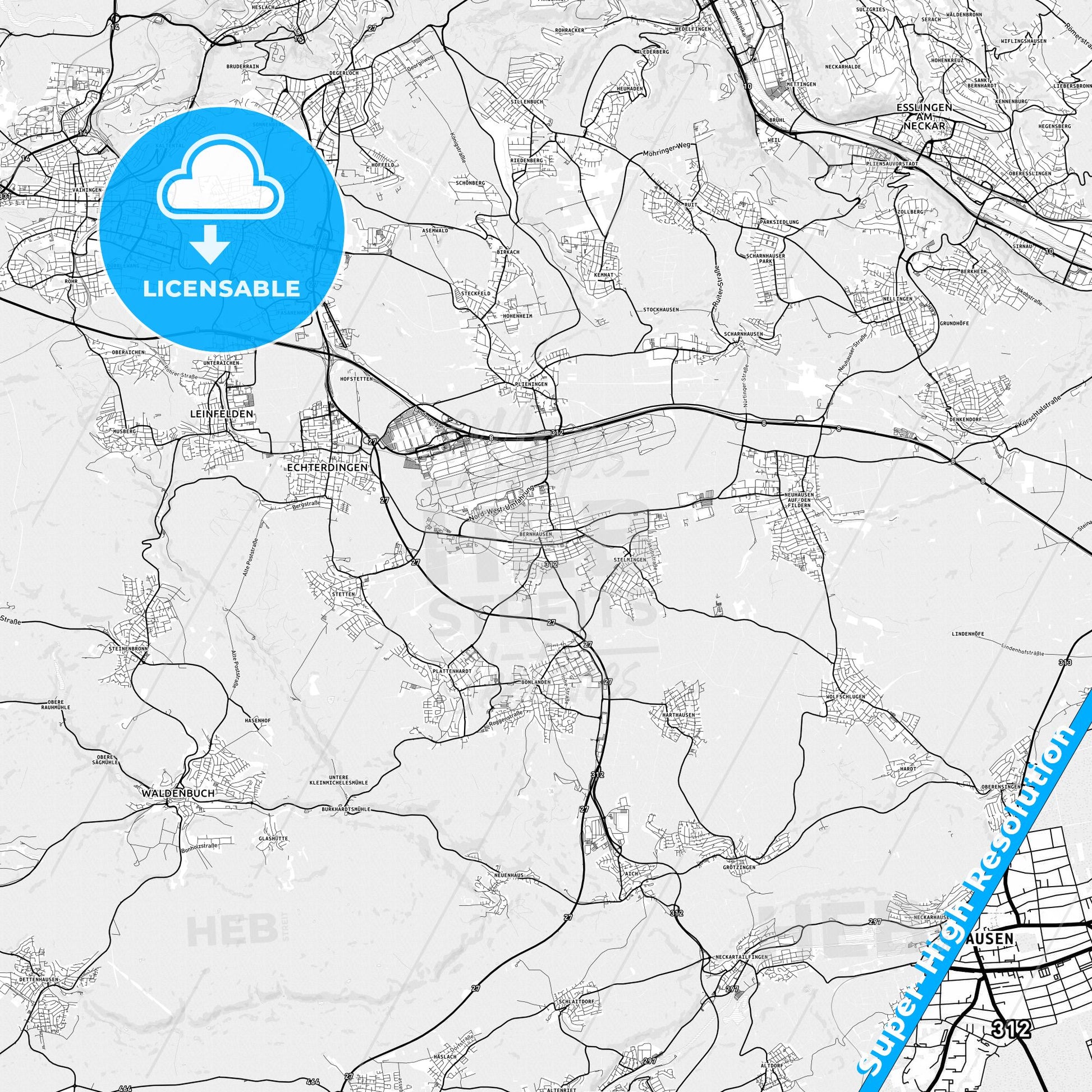 Filderstadt, Germany light map with streetnames, citynames and districts
