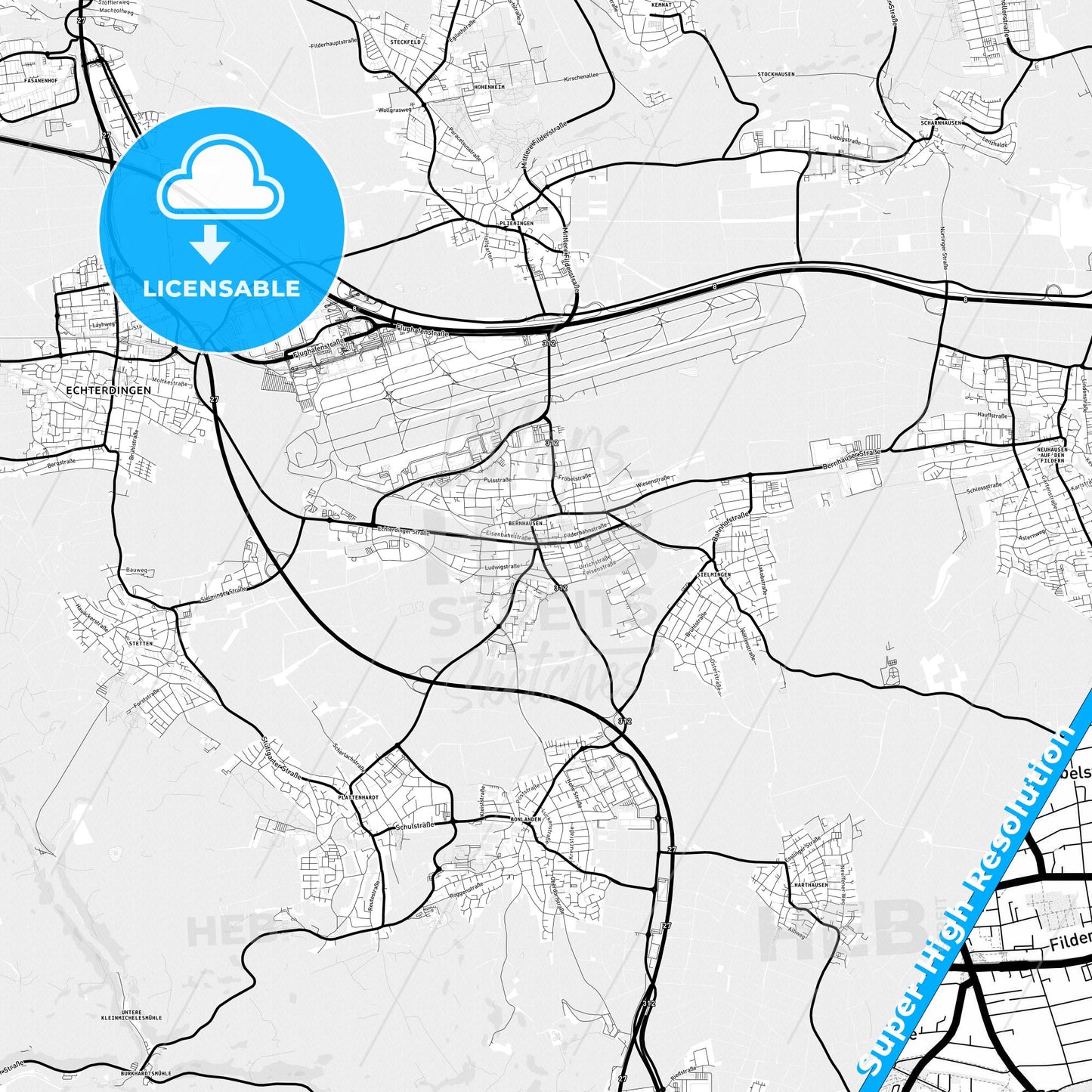 Filderstadt, Germany Light Map with Street Names, City Names, and Districts