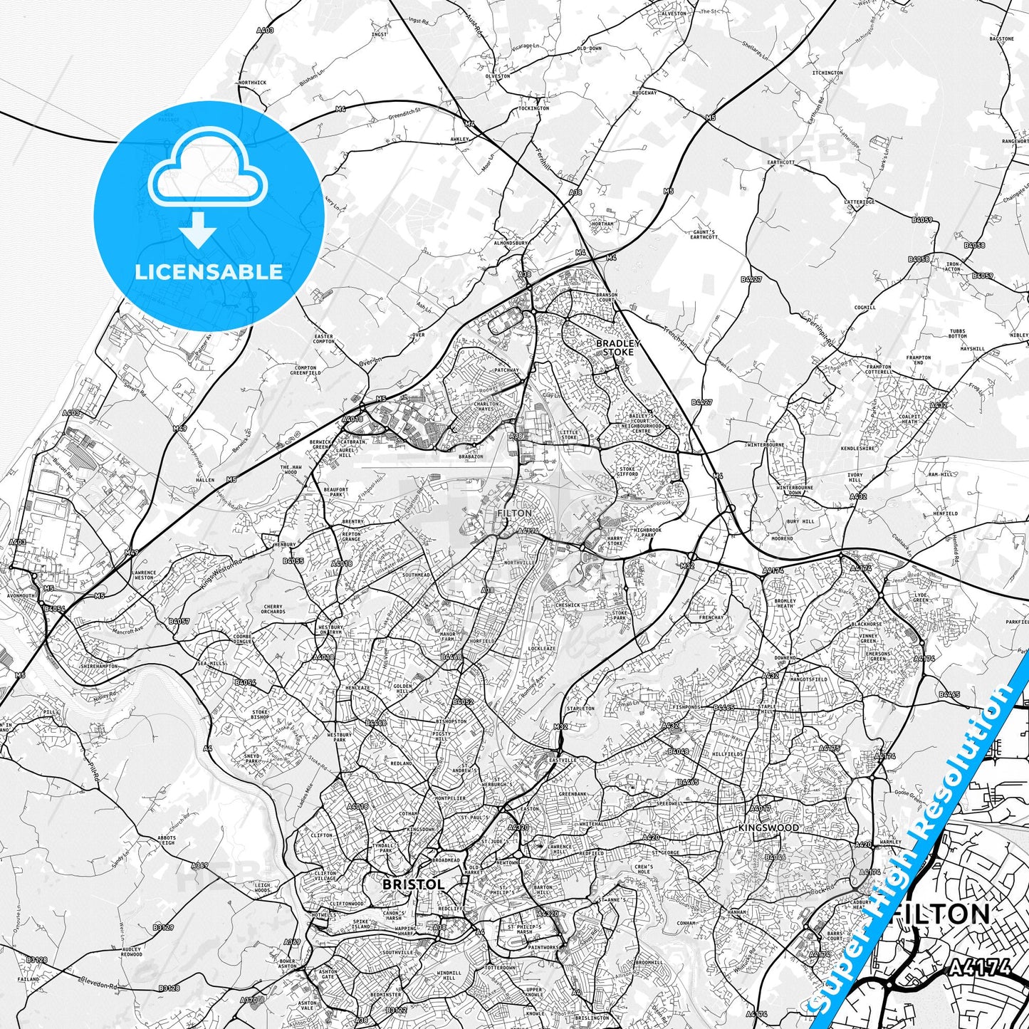 Filton, England light map with streetnames, citynames and districts
