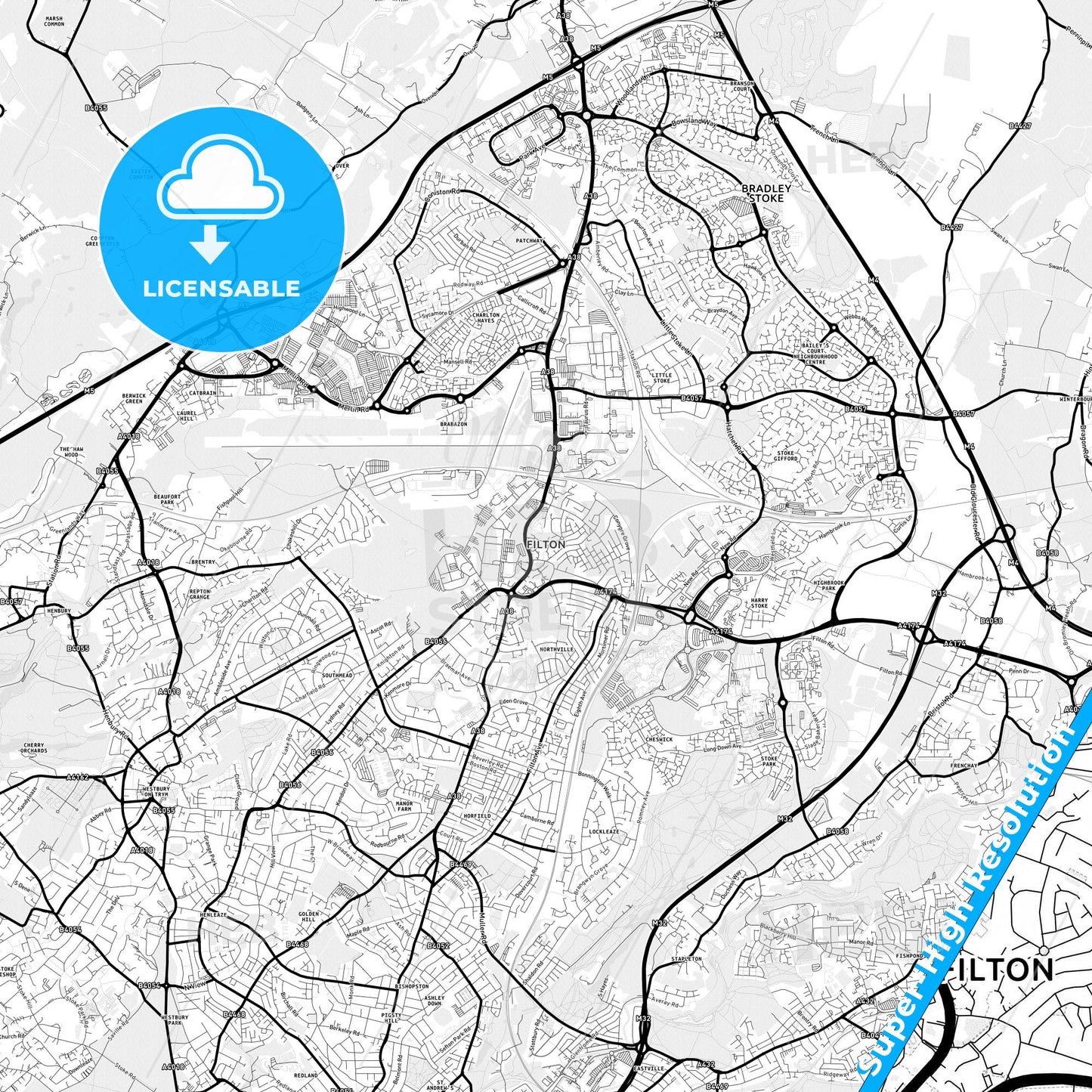 Filton, England Light Map with Street Names, City Names, and Districts