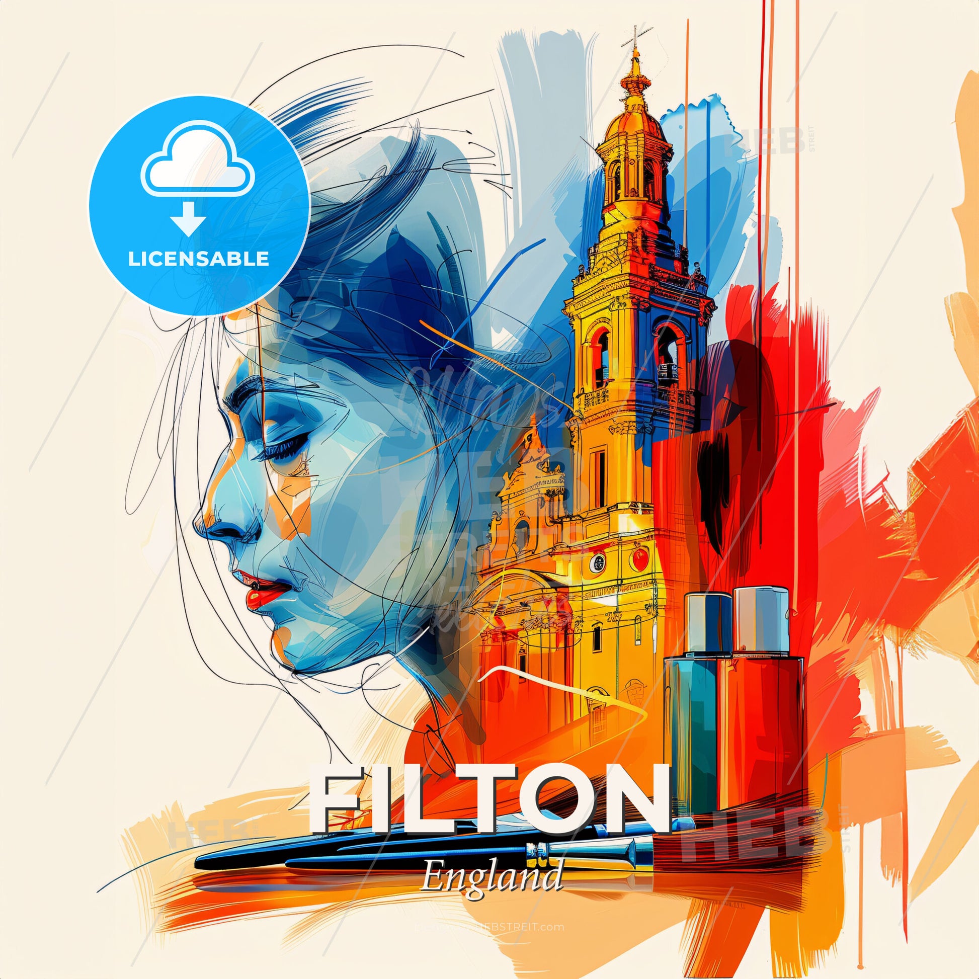 Vibrant Filton, England - A Woman's Face And A Painting Of A Building - Square format print template