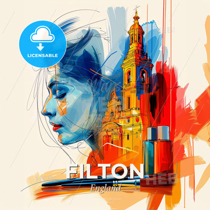 Vibrant Filton, England - A Woman's Face And A Painting Of A Building - Square format print template