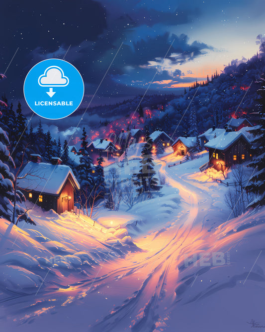 Snowy Village Winter Art Painting Europe Finland Houses Trees Artwork Nature Landscape