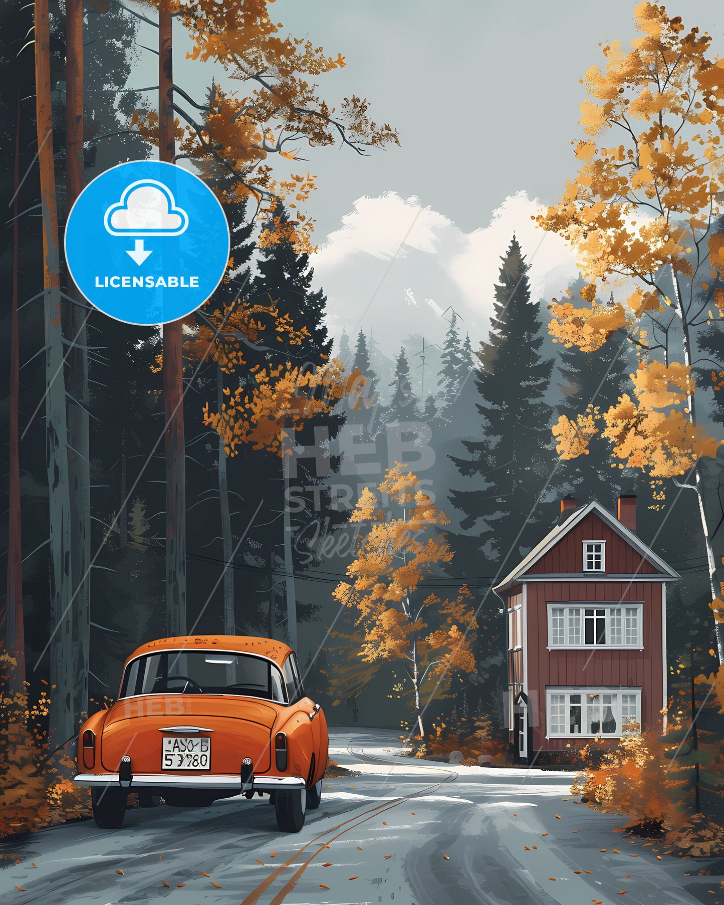 Finland, Europe – Artistic Depiction of a Car on the Road: Vibrant Painting with Focus on Art