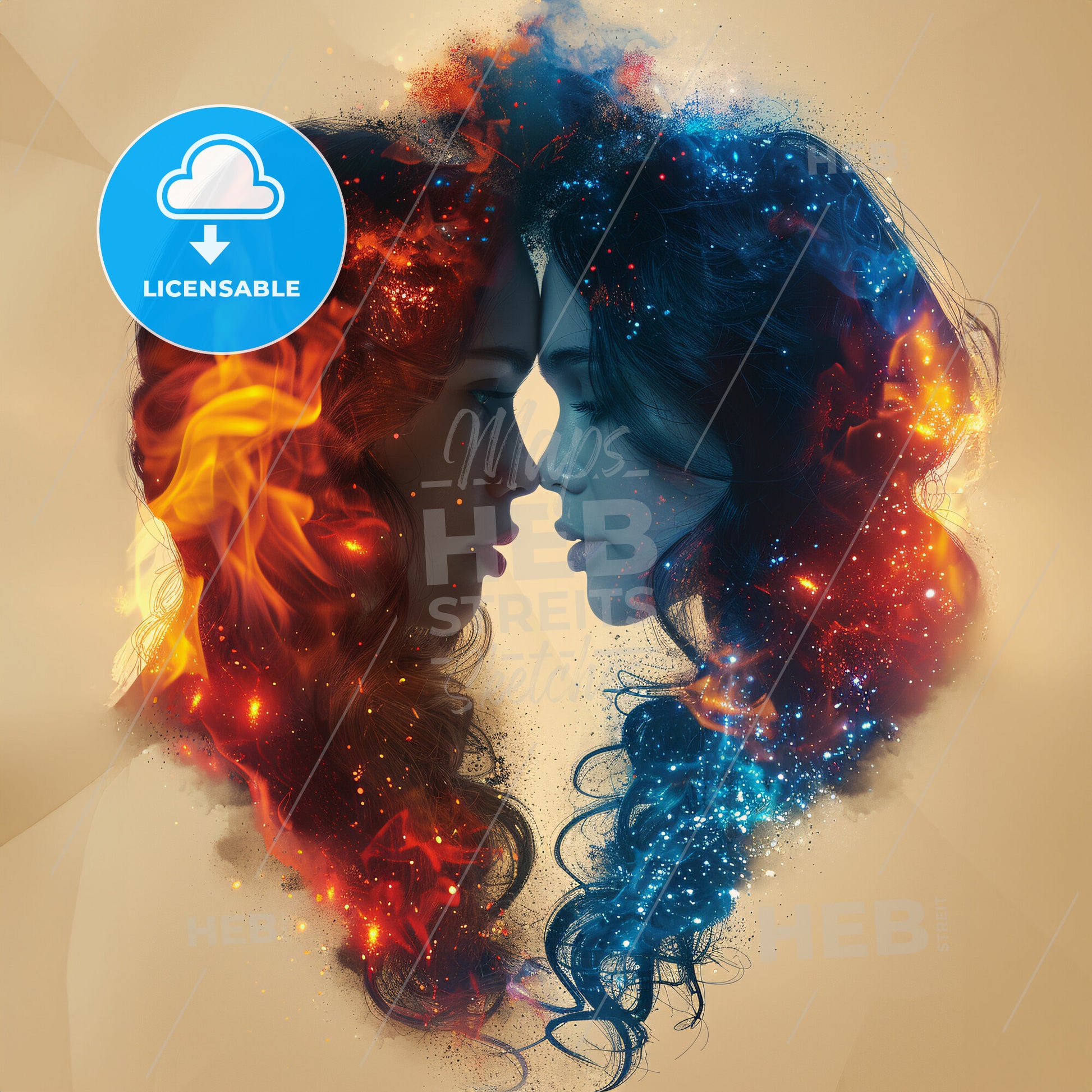 Fire and Desire: The Flames of Passion - A womans face with fire and water