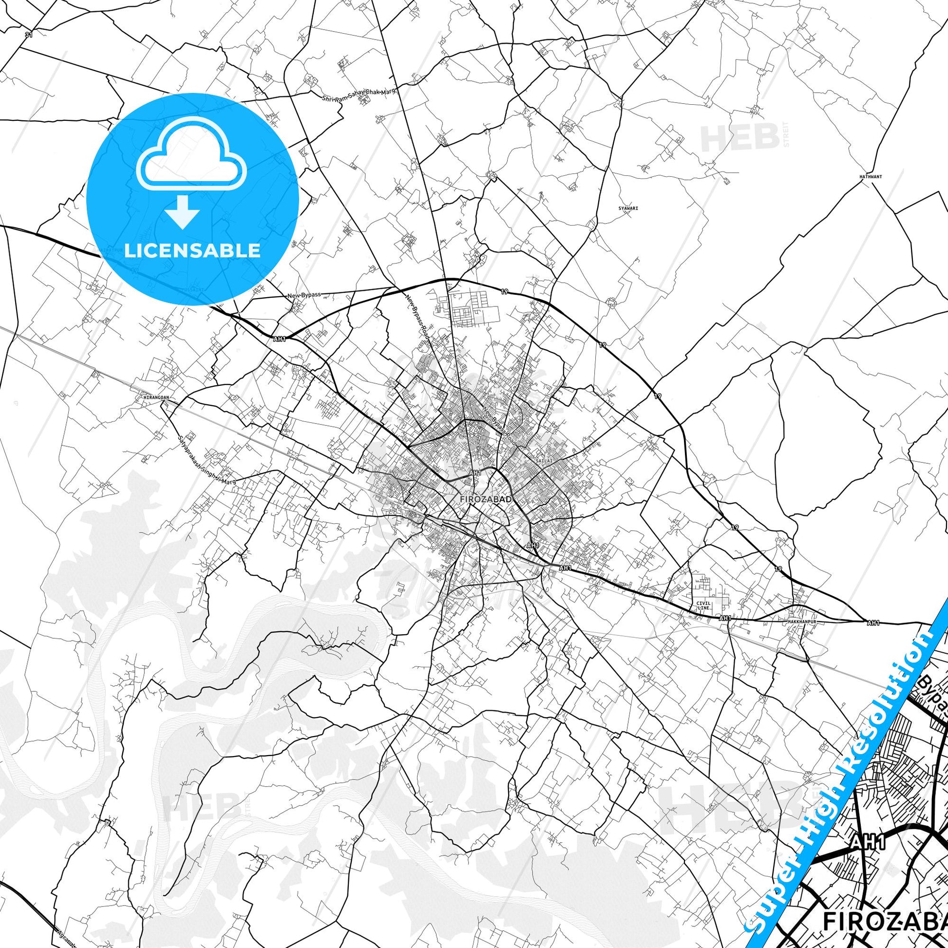 Firozabad, India light map with streetnames, citynames and districts