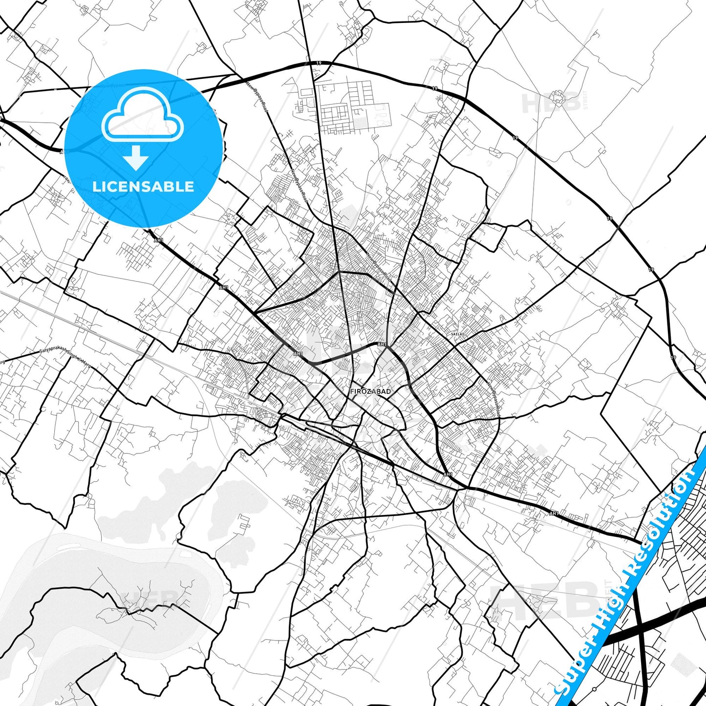 Firozabad, India Light Map with Street Names, City Names, and Districts