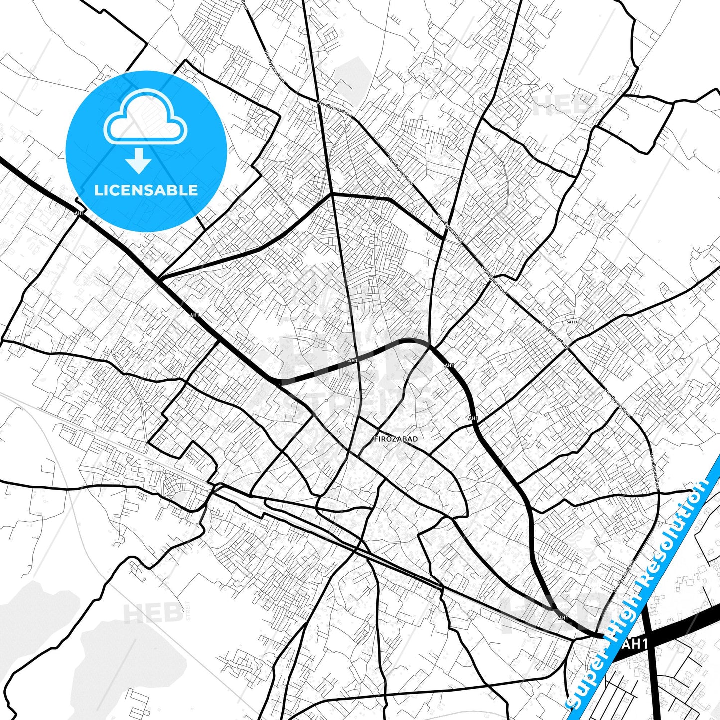 Firozabad, India Light Map with Street Names, City Names, and Districts