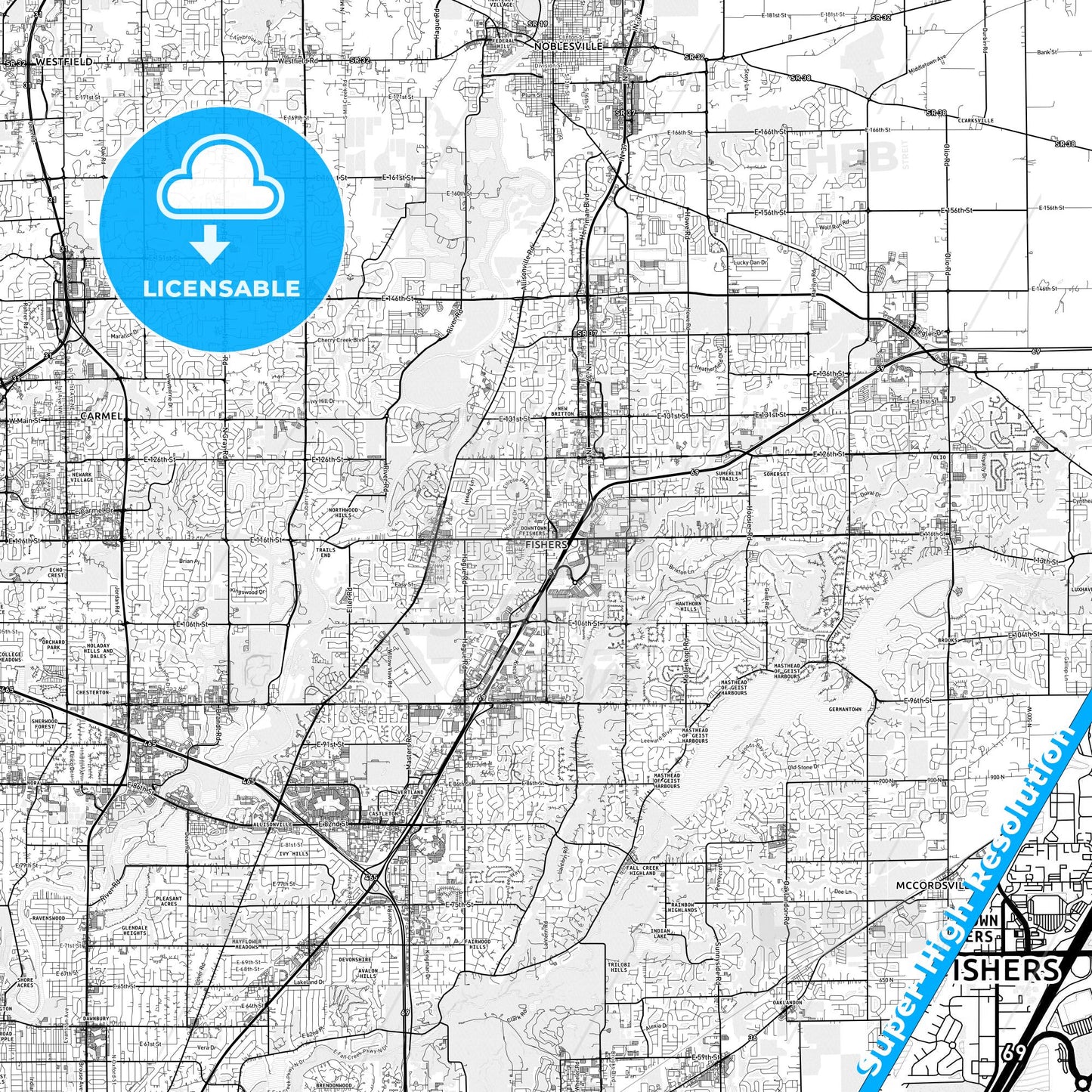 Fishers, Indiana light map with streetnames, citynames and districts